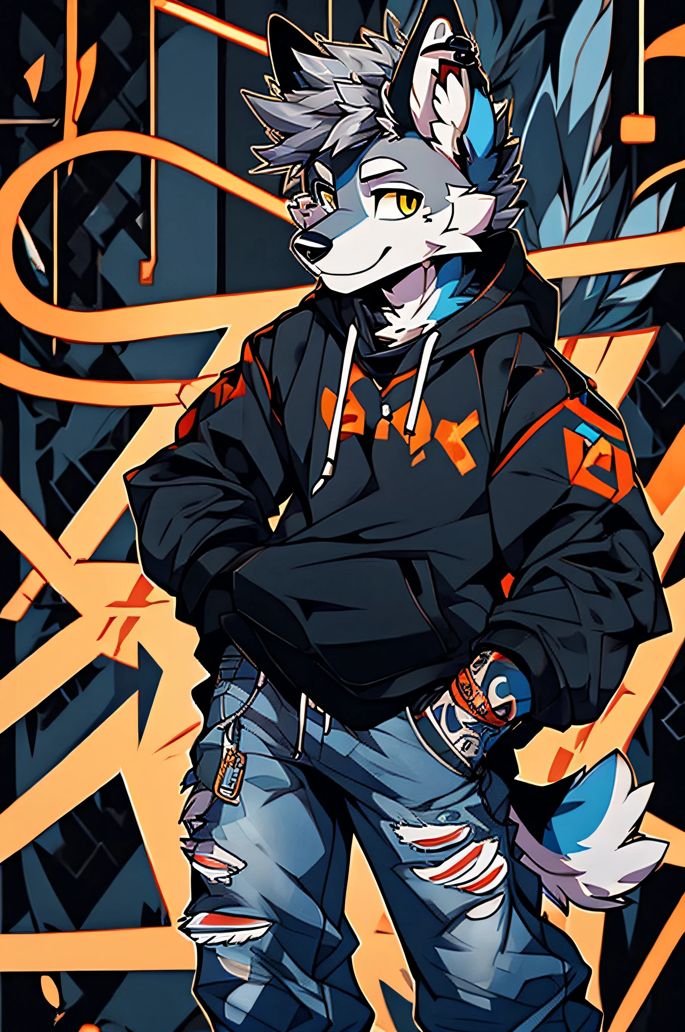 Two cool and trendy dogs talking with gray hair, Yellow eyes, Wear trendy hip-hop clothes, Wearing a hoodie, Graphic T-shirt and ripped jeans, Lots of tattoos and piercings, Doodle style background, Highly detailed background