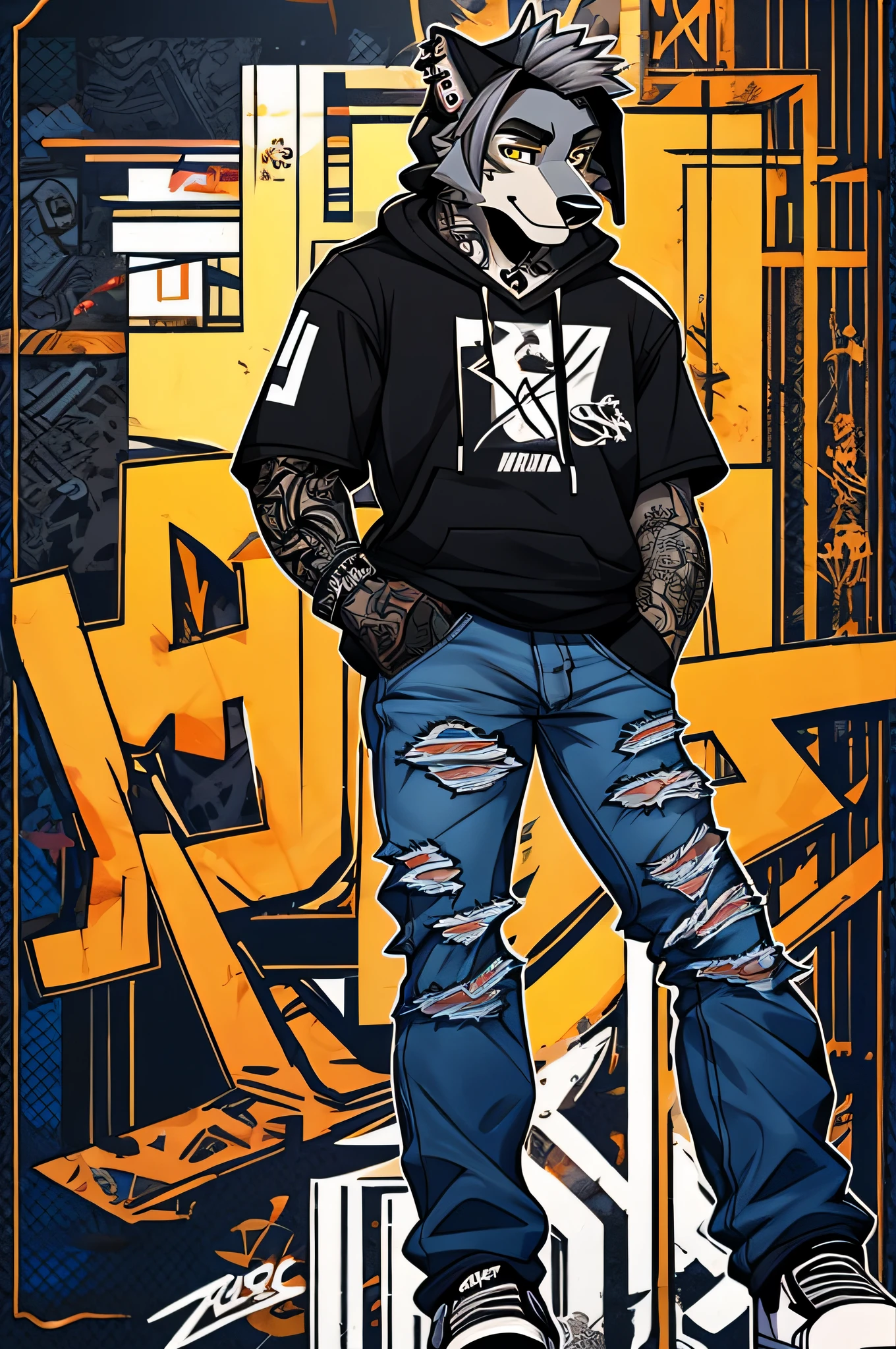 Two cool and trendy dogs talking with gray hair, Yellow eyes, Wear trendy hip-hop clothes, Wearing a hoodie, Graphic T-shirt and ripped jeans, Lots of tattoos and piercings, Doodle style background, Highly detailed background