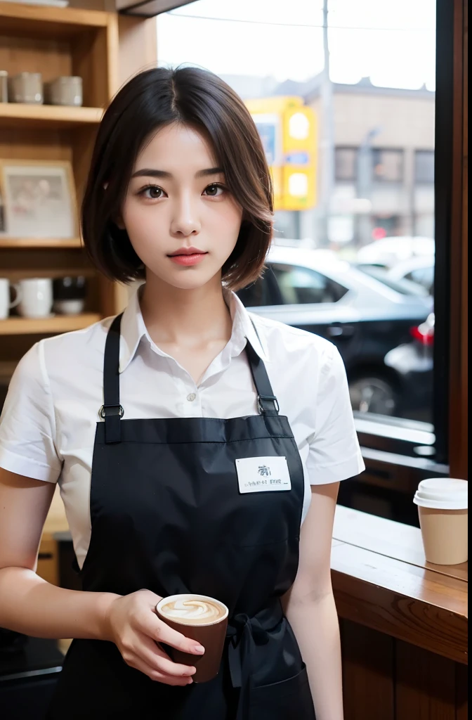 1girl、Japan female in her 30s、Fashion model、big Chest、perfect style、skinny waist、Focus on the eyes、time job at a coffee shop、apron,