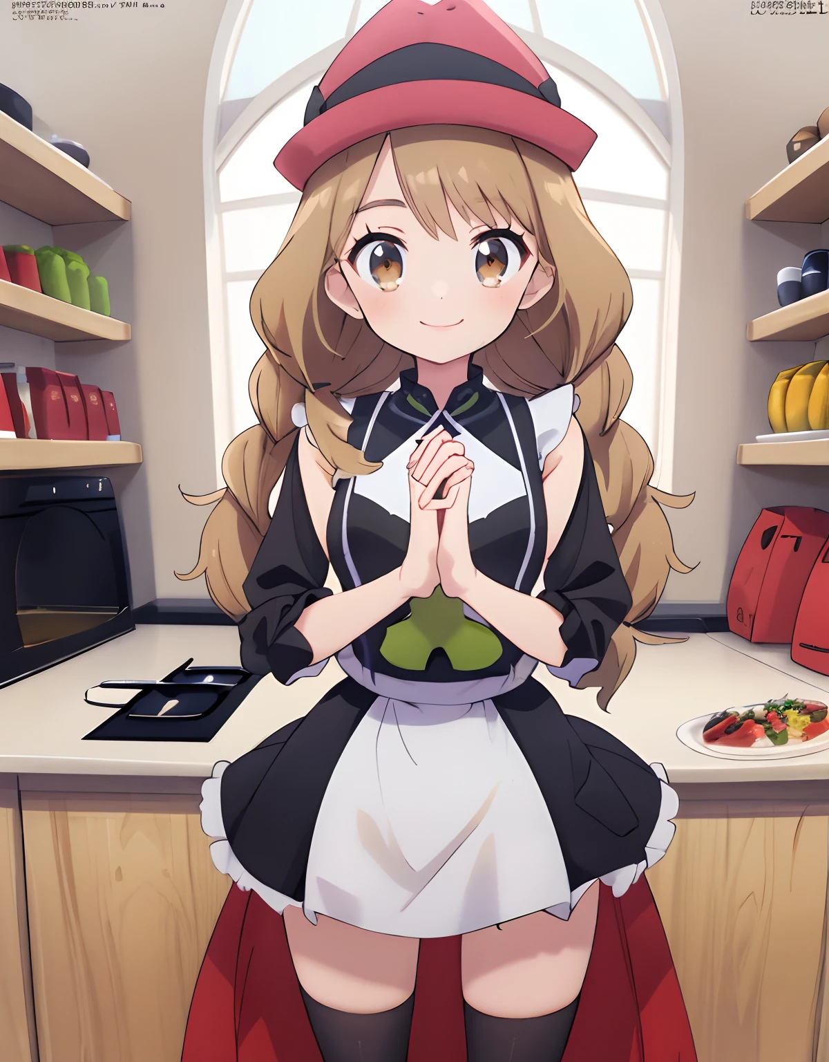 (Best Quality, Masterpiece),sexy Loli,  Front cover of a women's cooking magazine,  erotic, 18+, nsfw, 1girl, 16 years old, stunning, cute, smile, hourglass figure, Maid costume, beautiful food, text, diagrams, advertisements, magazine title, Serena \(pokemon\), 1girl, solo, standing, cowboy shot, looking at viewer, geyes, smile, v arms, own hands together, twin braids, hat, short brown hair