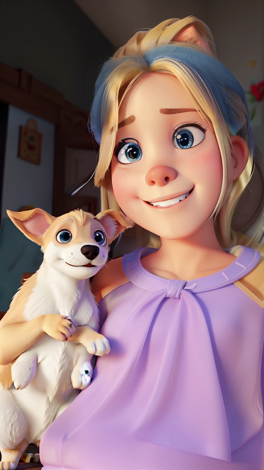 Blonde girl with blue eyes, segurando um cachorro branco chihuahua no colo, sorriso, textura natural da pele, pixar, foco nítido, cinematic visual.