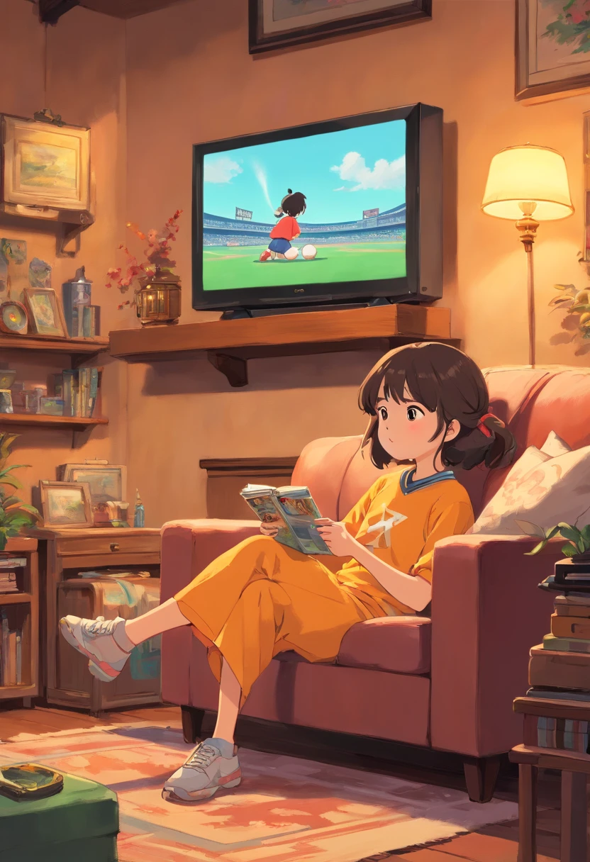 Xiao Ming who was generated just now and Xiao Mei who was generated just now,Xiao Ming's sister is watching TV in the living room,A baseball game is seen on TV。