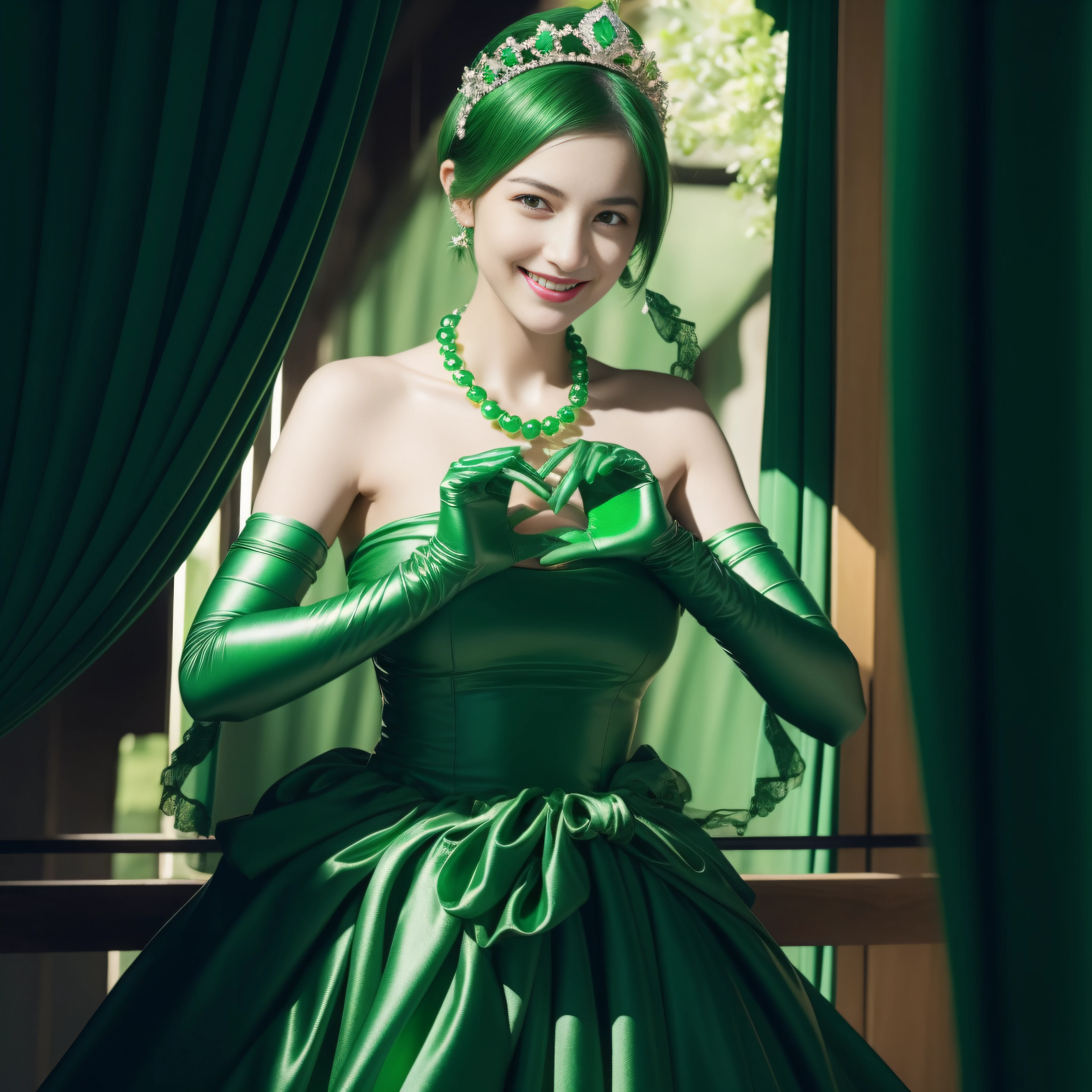 emerald tiara, Green Pearl Necklace, Boyish very short green hair, lipsticks, Japan woman smiling, very short short hair,  big breasts beautiful, Green eyes, Long green gloves made of satin material, Green eyes, Emerald Earrings, green vale, Heart with both hands