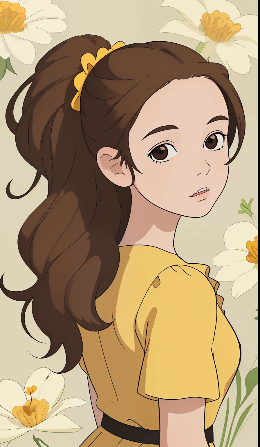 (Masterpiece, Best Quality, High Quality, high resolucion, Ultra-detailed),Arrietti, Brown hair,yellow dress,pony-tail, Brown hair, Black eyes, minigirl, Background with flowers