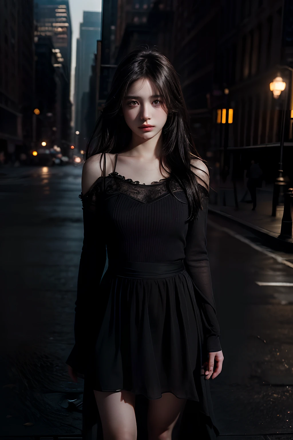 1girll, (view the viewer:1.2), Detal Face, (a girl standing, Tear in CG society, black shadows, Streaming, new york backdrop), romanticism lain, Atmospheric, (RAW photo, Best quality), (Realistic, photo-realistic:1.3), Masterpiece, An extremely delicate and beautiful, Extremely detailed,