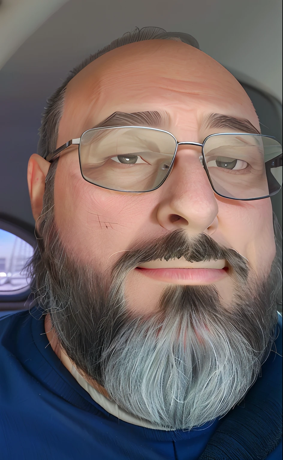 Man with glasses and beard in a car, with glasses and goatee, with nerdy glasses and goatee, Fotografia selfie 8k, Homens de 45 anos, staring directly at camera, looking away from camera, staring directly at camera, taken in the early 2020s, Homem de 4 0 anos
