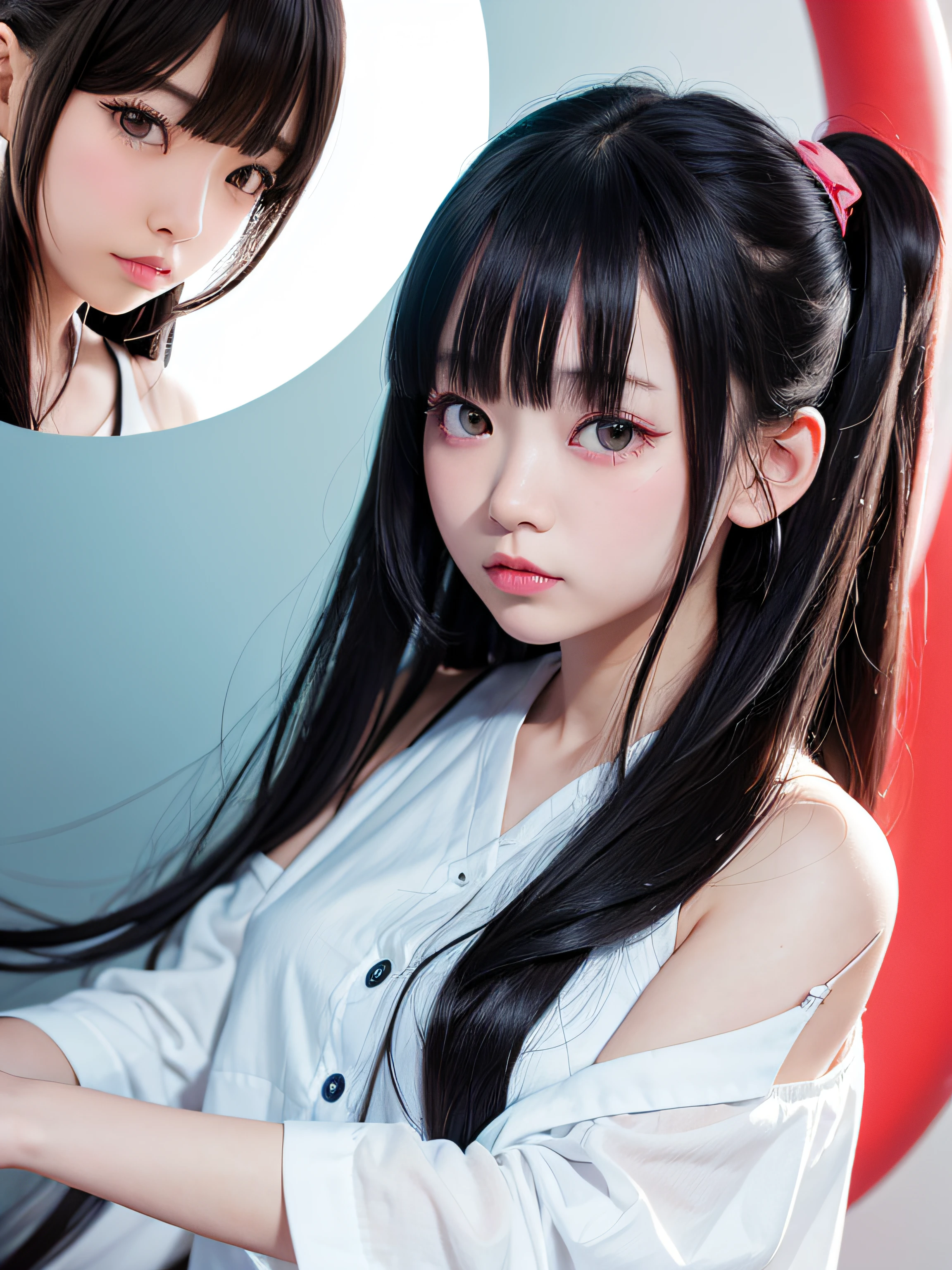 1girl、A dark-haired、Hair bobble、Daunted、long eyeslashes、Eyes of a filled circle、Light smile、Ear red face、surrealism、drop shadow、anaglyph、stereograms、Tachi-e、Gonzo、fullbody image、Atmospheric perspective、frombelow、8k、ultra-detailliert、ccurate、top-quality、UHD