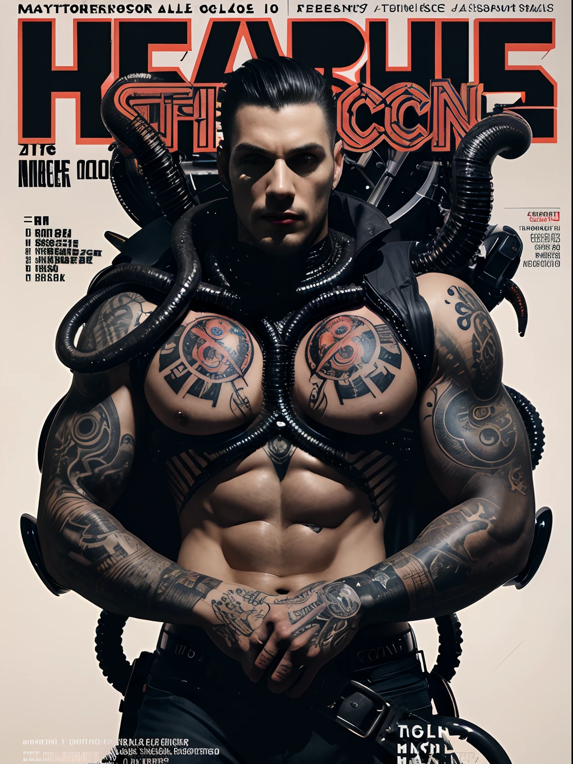(male) Super cyborg, european male, magazine cover, poster art , Lovecraftian horror tattoos, hint of disco, bold huge text, matted design layout, strong, bold inking techniques