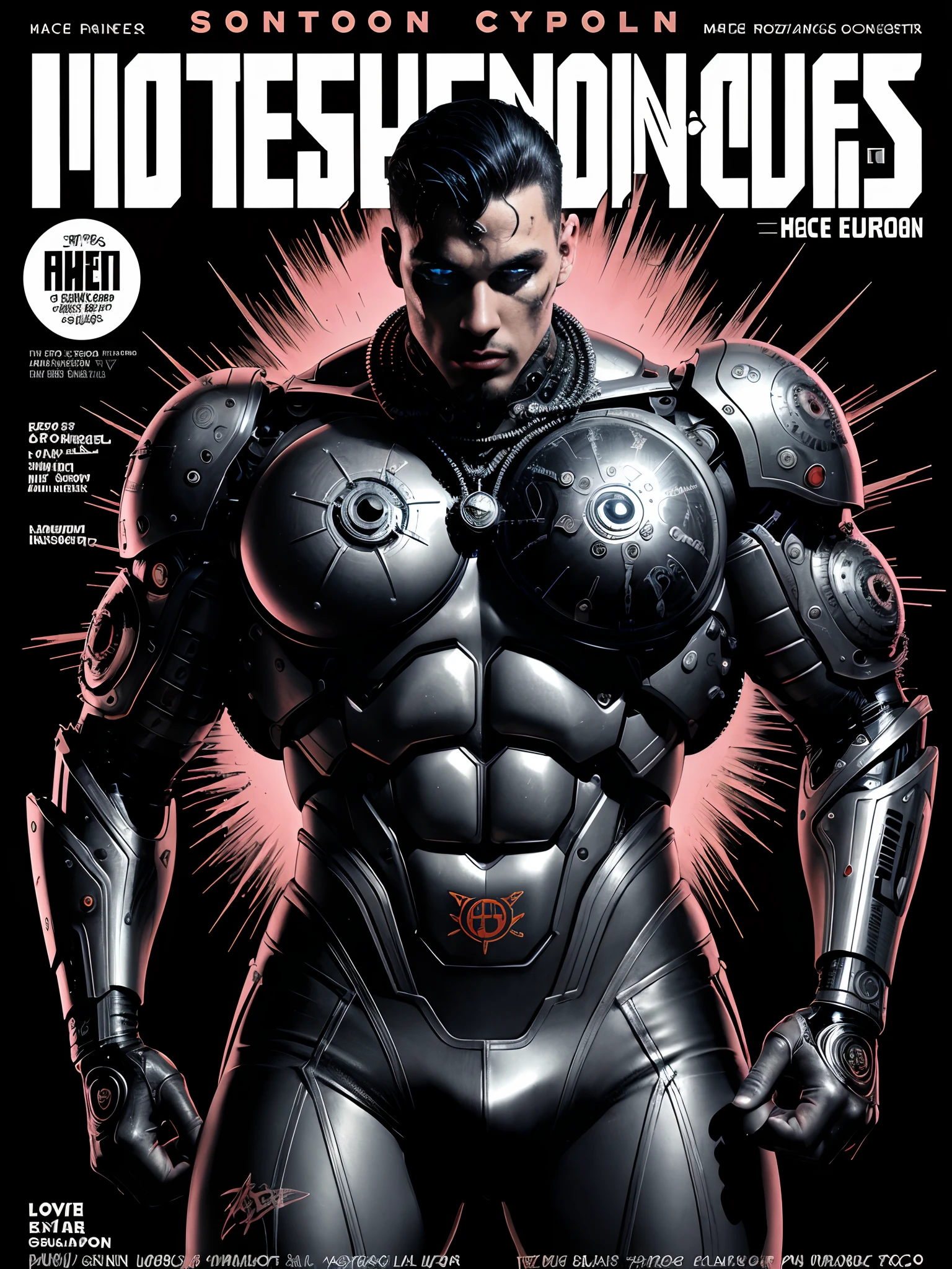 (male) Super cyborg, european male, magazine cover, poster art , Lovecraftian horror tattoos, hint of disco, bold huge text, matted design layout, strong, bold inking techniques, technological elements