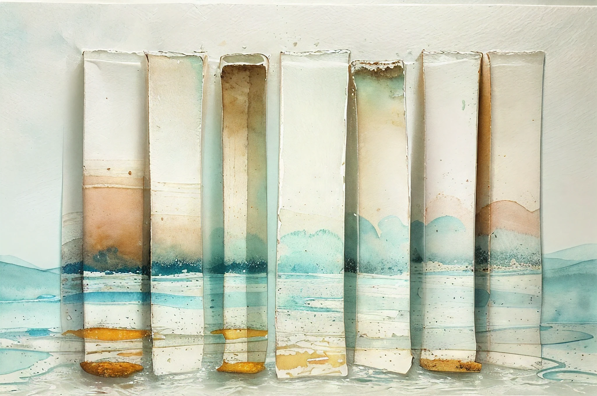 (Horizon composition) Nine broken plates are floating in water.(Ink on Japanese paper, which tends to bleed easily)(contemporary art like a picture book) (transparent watercolor) (light itself expressed as real) (layers of soft, rich colors) (shades of paint dissolved thinly with water) (deep, delicate colors)