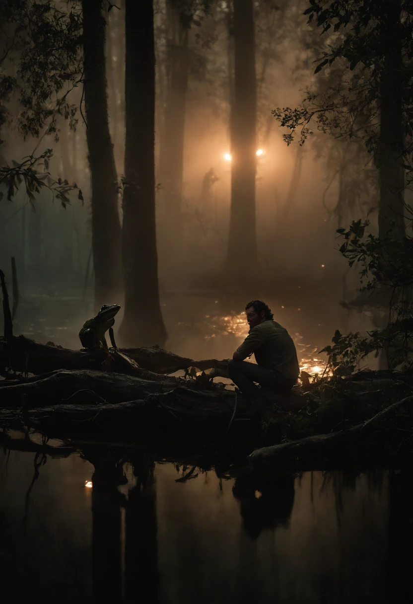 Rick grimes scared in a tree that is in a swamp, while being watched by an army of frogs below him at night. The Trees behind Rick are also on fire providing a creepy light on the frogs