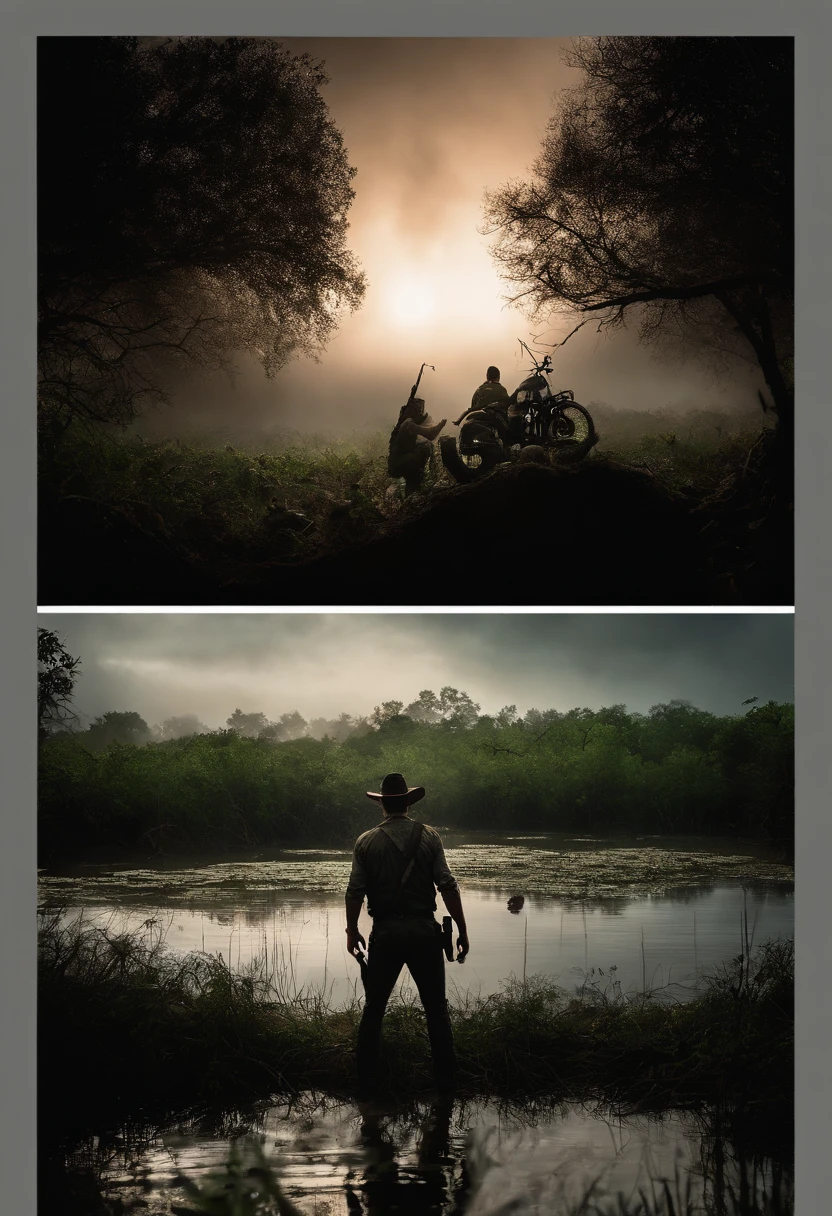 Rick grimes scared in a tree that is in a swamp, while being watched by an army of frogs below him at night. The Trees behind Rick are also on fire providing a creepy light on the frogs