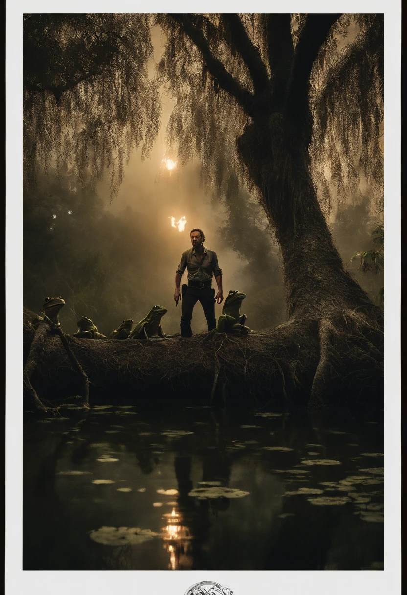 Rick grimes scared in a tree that is in a swamp, while being watched by an army of frogs below him at night. The Trees behind Rick are also on fire providing a creepy light on the frogs