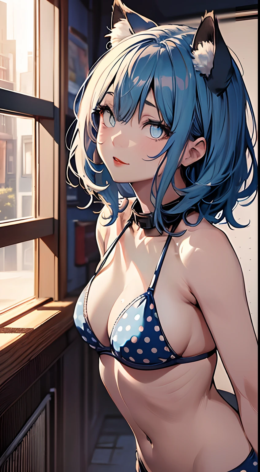 1girl, beautiful Korean cat-eared girl, (cute loose bob hair, flowing hair), (wearing a light blue polka dot bikini: 1.5), (red lips, small breasts, toned stomach, eyelashes, aegyo sal), immersive background, global illumination, natural light, (beautiful detailed eyes, symmetrical eyes), (8k, RAW photos, masterpieces, high definition RAW color photos, highest quality, High definition CG unified 8K wallpaper), (best shadows, best illustrations), physically based rendering, high contrast, rich colors,