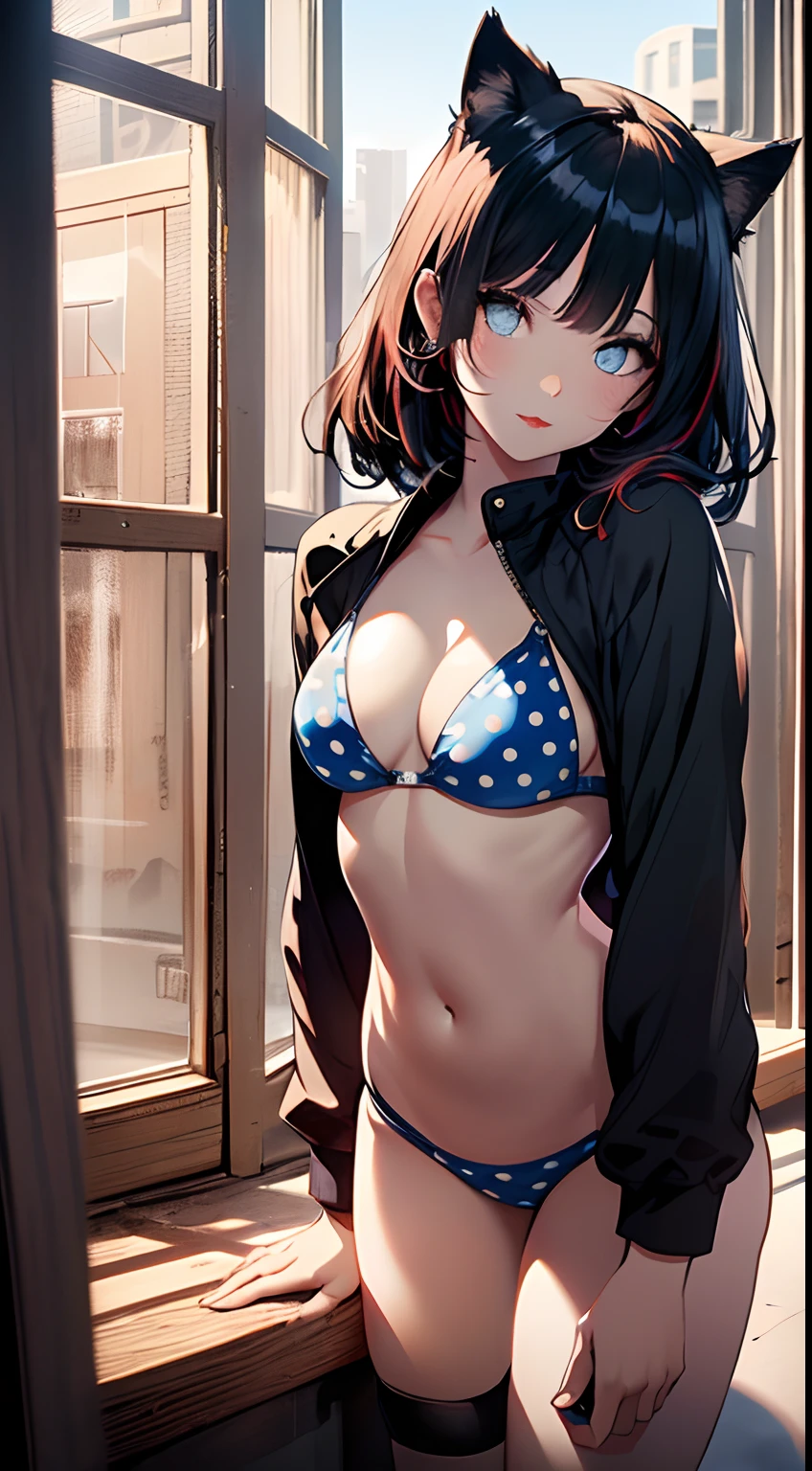 1girl, beautiful Korean cat-eared girl, (cute loose bob hair, flowing hair), (wearing a light blue polka dot bikini: 1.5), (red lips, small breasts, toned stomach, eyelashes, aegyo sal), immersive background, global illumination, natural light, (beautiful detailed eyes, symmetrical eyes), (8k, RAW photos, masterpieces, high definition RAW color photos, highest quality, High definition CG unified 8K wallpaper), (best shadows, best illustrations), physically based rendering, high contrast, rich colors,