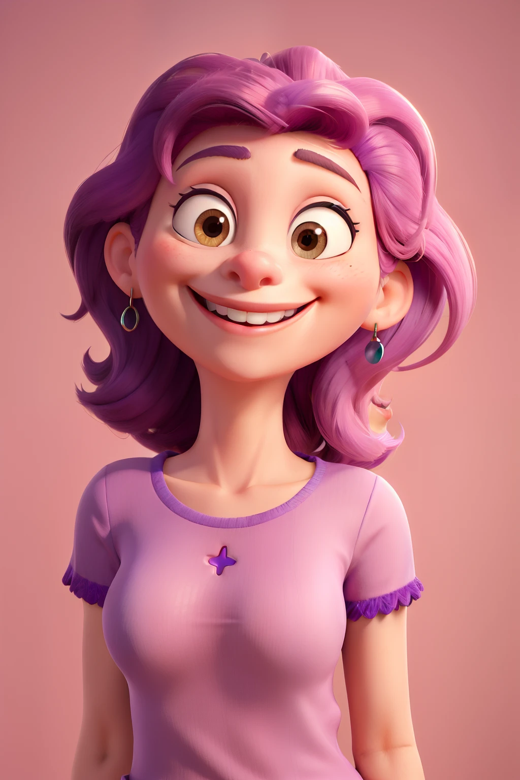 Smiling woman with a pink lip and a purple top, sorriso caloroso e gentil, imagem de perfil, Mulher de 30 anos de Cuba, sorrindo e olhando diretamente, fechar o rosto, Alanis Guillen, Face is brightly lit, lovely smile, bonito e sorridente, happily smiling at the camera, foto de perfil, olhos castanhos brilhantes e penetrantes, Mulher de 30 anos
