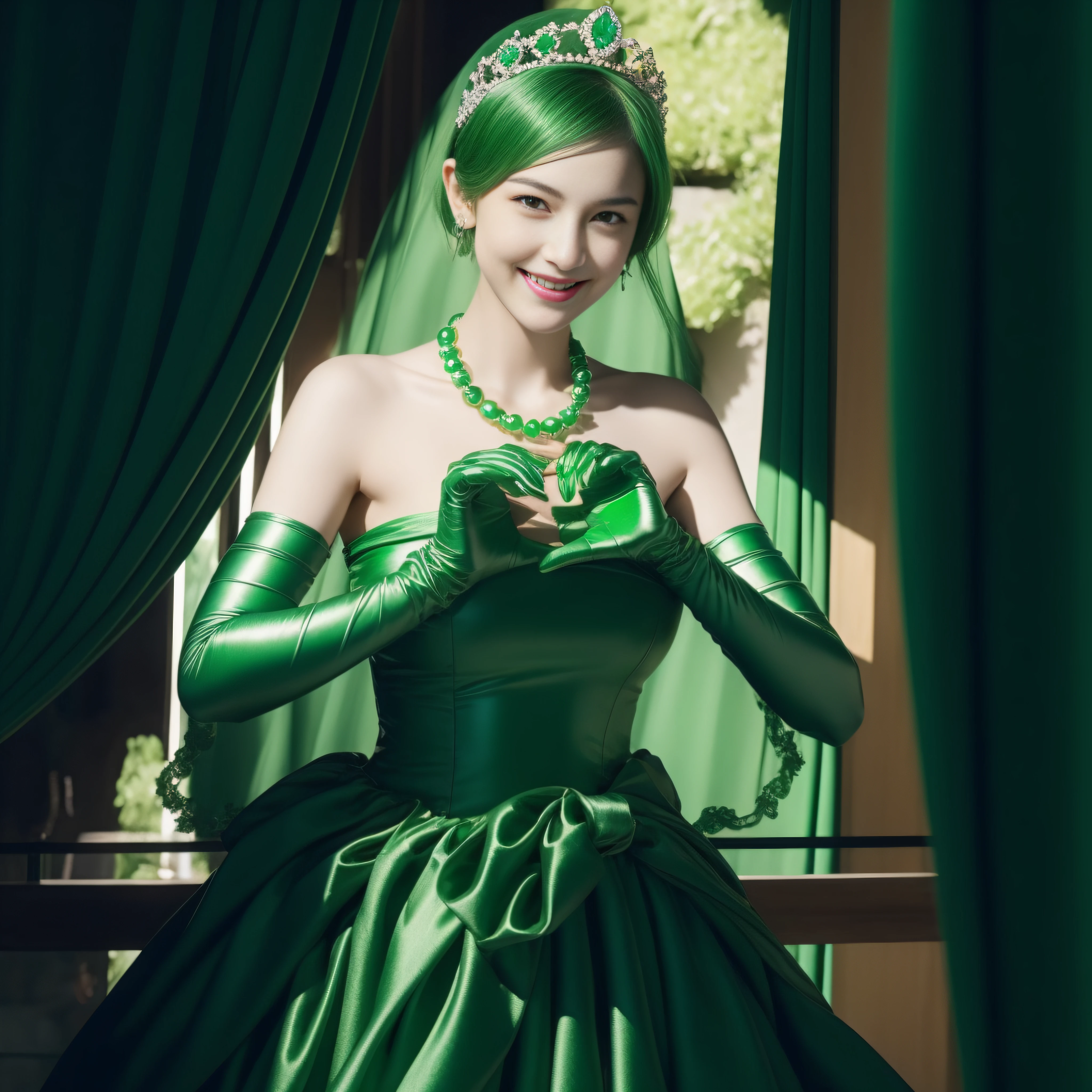 emerald tiara, Green Pearl Necklace, Boyish very short green hair, lipsticks, Japan woman smiling, very short short hair, big breasts beautiful, Green eyes, Long green gloves made of satin material, Green eyes, Emerald Earrings, green vale, Heart with both hands