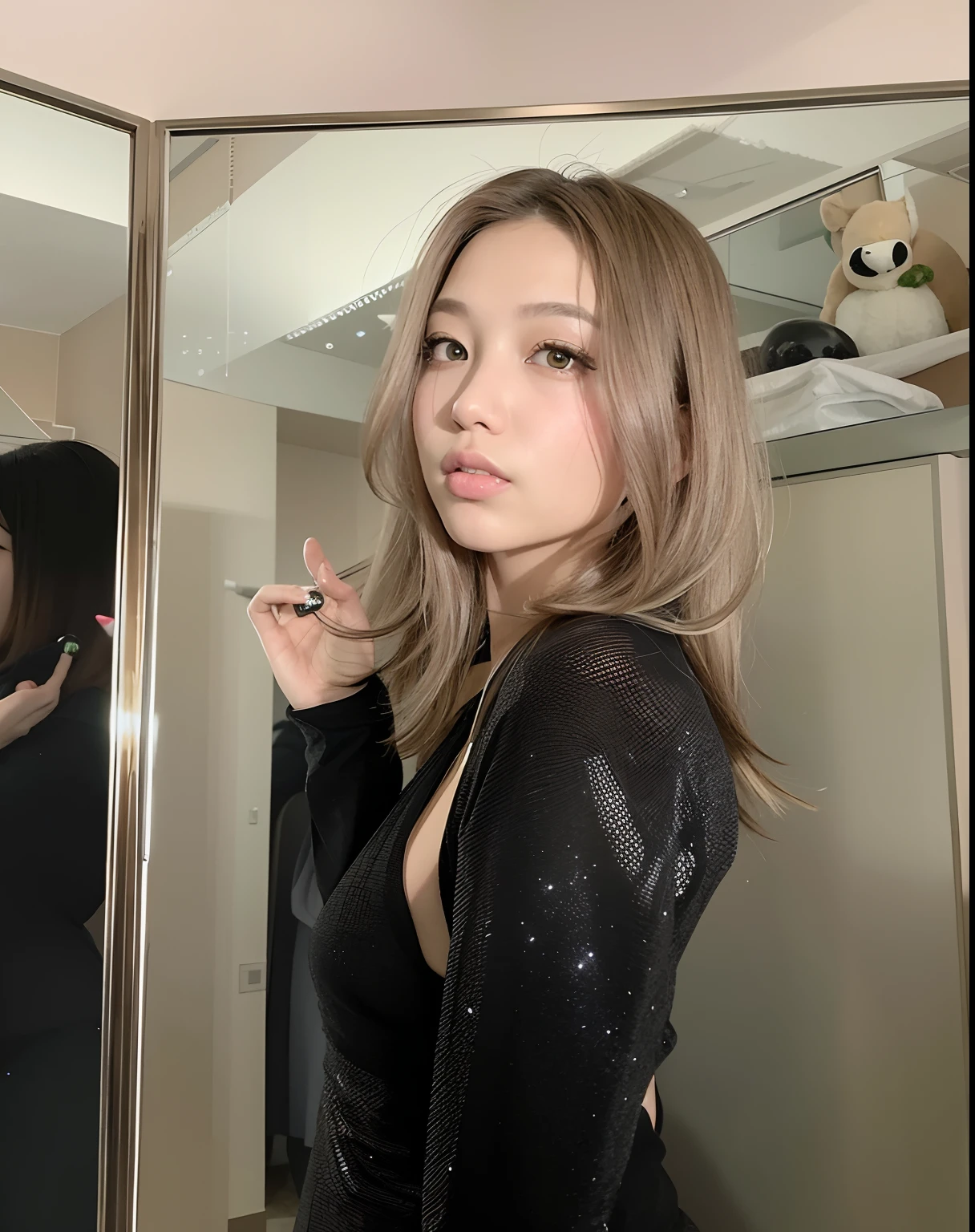 there is a woman that is standing in front of a mirror, mid long hair, com cabelos curtos, Heonhwa Choe, middle length hair, O corte Hime, Kiko Mizuhara, medium and medium-length hair, Chiho, Sakimichan, ombro - cabelo na altura do cabelo, shoulder-length hair, Sobre Ishida