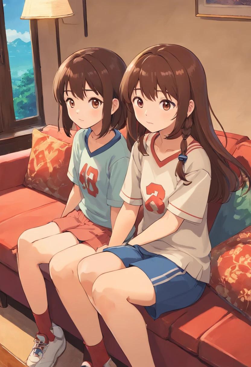Xiao Ming and Xiao Ming's sister，Both have short brown hair and watch TV in the living room，A baseball game is seen on TV，The camera is facing away from me，Look at the backs of the two sitting on the sofa。