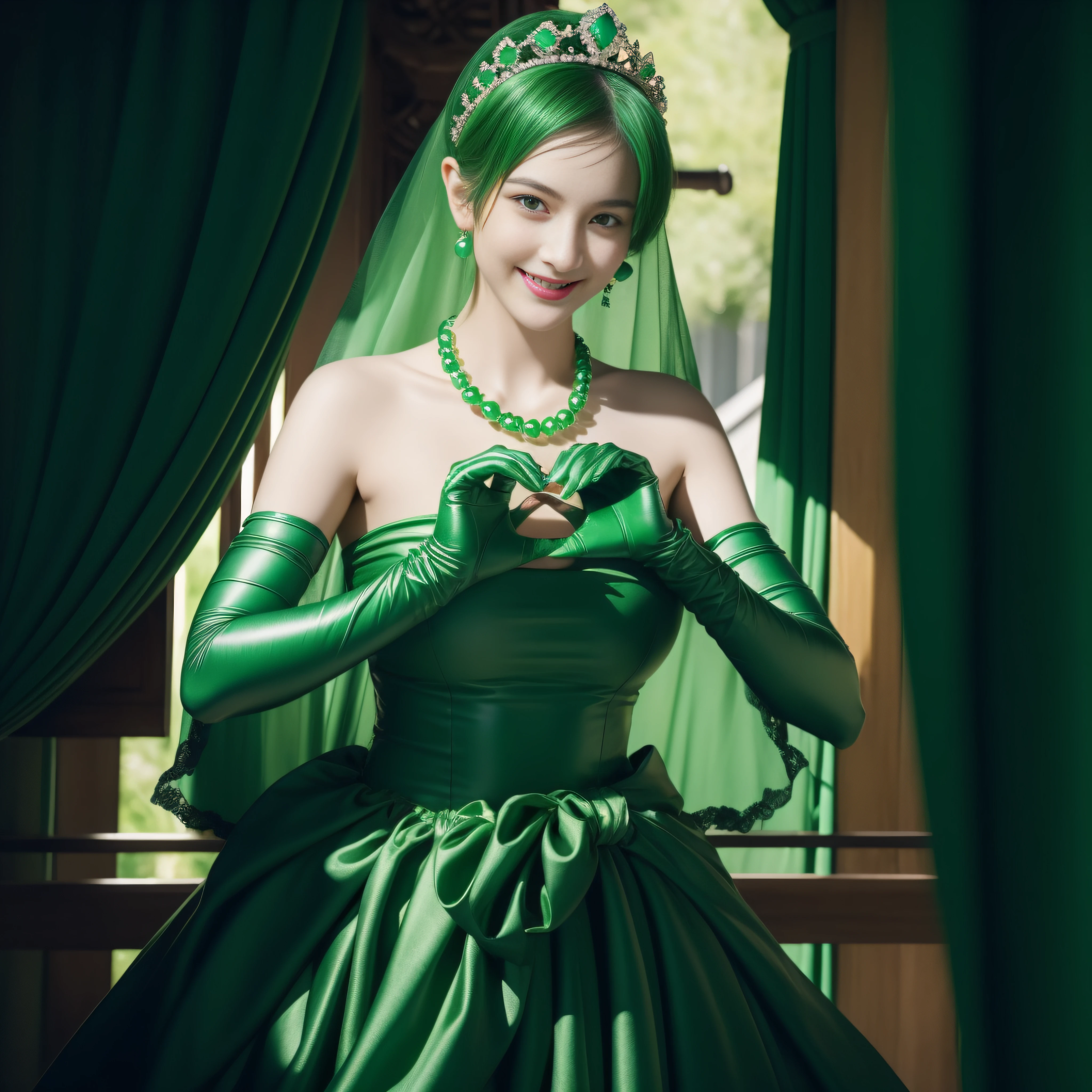 emerald tiara, Green Pearl Necklace, Boyish very short green hair, lipsticks, Japan woman smiling, very short short hair,  big breasts beautiful, Green eyes, Long green gloves made of satin material, Green eyes, Emerald Earrings, green vale, Heart with both hands
