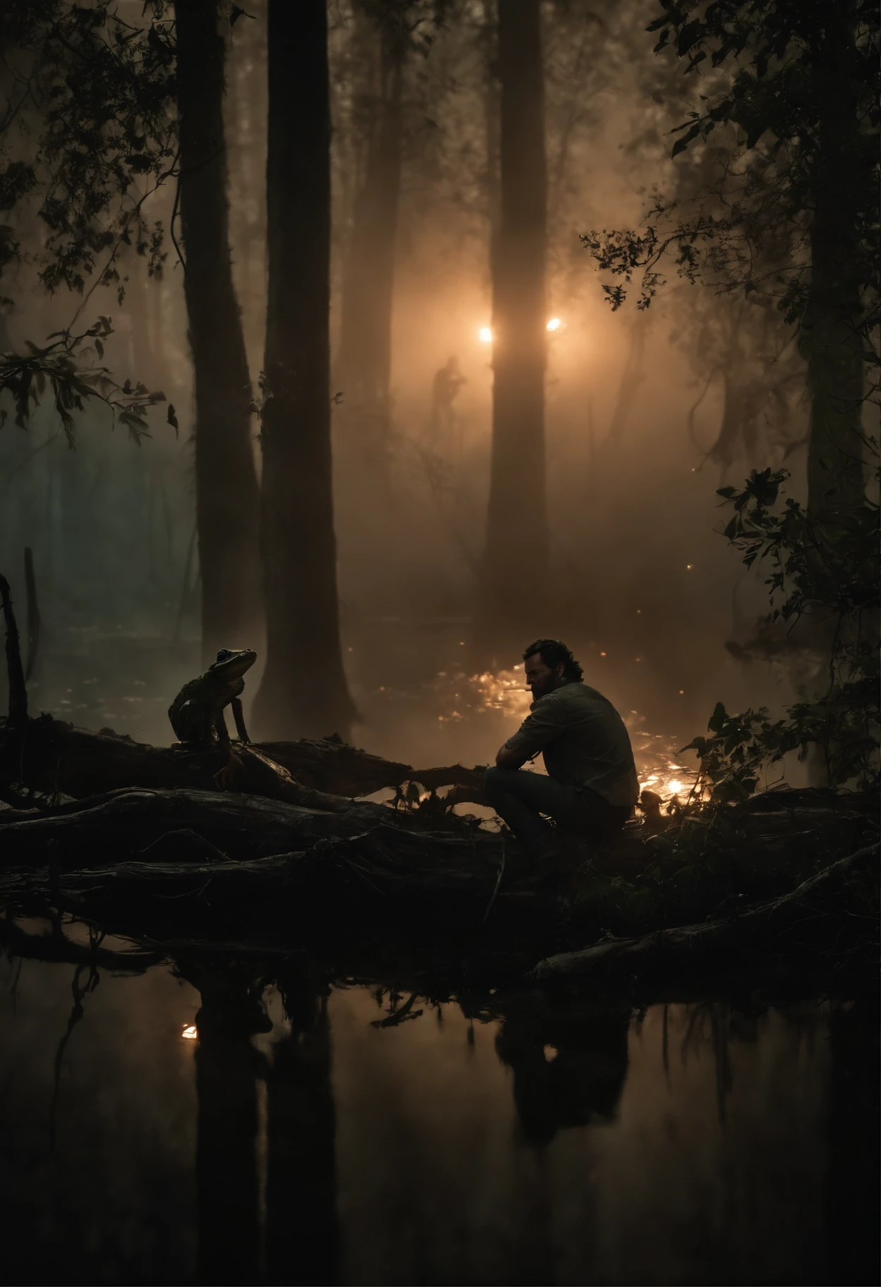 Rick grimes scared in a tree that is in a swamp, while being watched by an army of frogs below him at night. The Trees behind Rick are also on fire providing a creepy light on the frogs