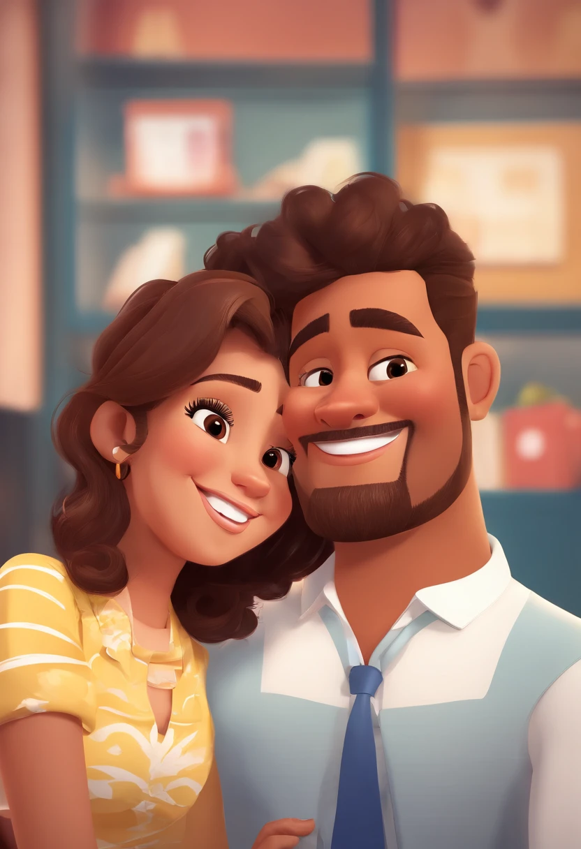 An illustration of an adorable couple, Highlight for a chubby mulatto man with glasses smiling and a brunette woman with beautiful expressive eyes - the man's skin is mulatto and the man's hair haswhile the woman's skin is black and the woman's hair is straight and brown. They are a bright room, cada um com um sorriso no rosto, e compartilhar um momento especial caracterizado pelo amor, Insights. Illustrate this scene from a perspective where they are facing the camera, Smiling and Showing Your Connection. Desenvolva esta arte em Full HD, Focus on your cinematic touch, Estilo Disney Pixar Animations