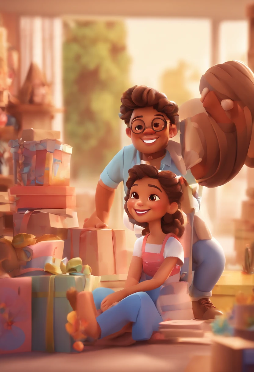 An illustration of an adorable couple, Highlight for a chubby mulatto man with glasses smiling and a brunette woman with beautiful expressive eyes - the man's skin is mulatto and the man's hair haswhile the woman's skin is black and the woman's hair is straight and brown. They are a bright room, cada um com um sorriso no rosto, e compartilhar um momento especial caracterizado pelo amor, Insights. Illustrate this scene from a perspective where they are facing the camera, Smiling and Showing Your Connection. Desenvolva esta arte em Full HD, Focus on your cinematic touch, Estilo Disney Pixar Animations