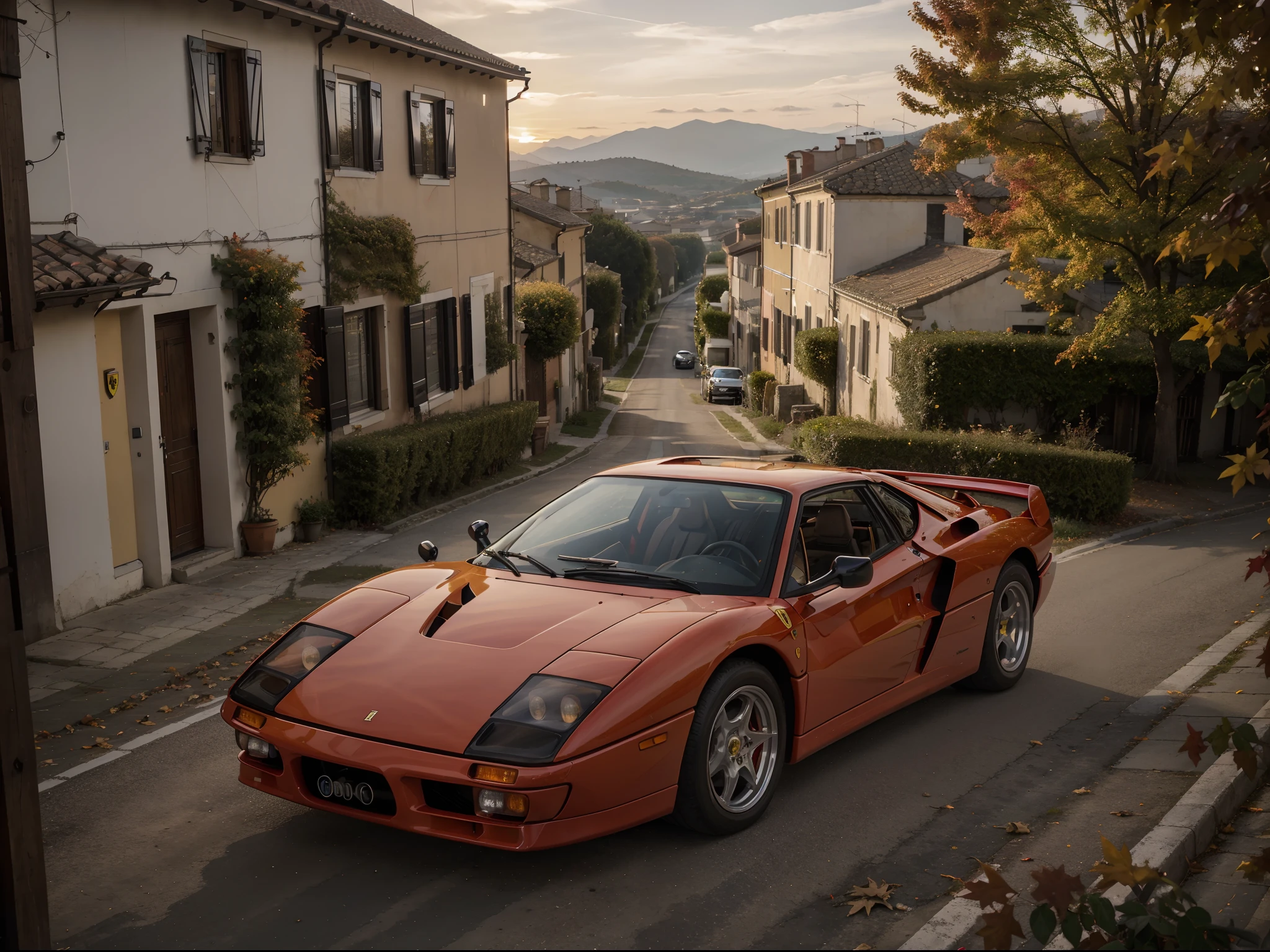8k, highres, wide angle shot, realistic, Ferrari f40, autumn, fall leaves, sunset, italian village, roadster, vintage, highly detailed, driving on european scenic road