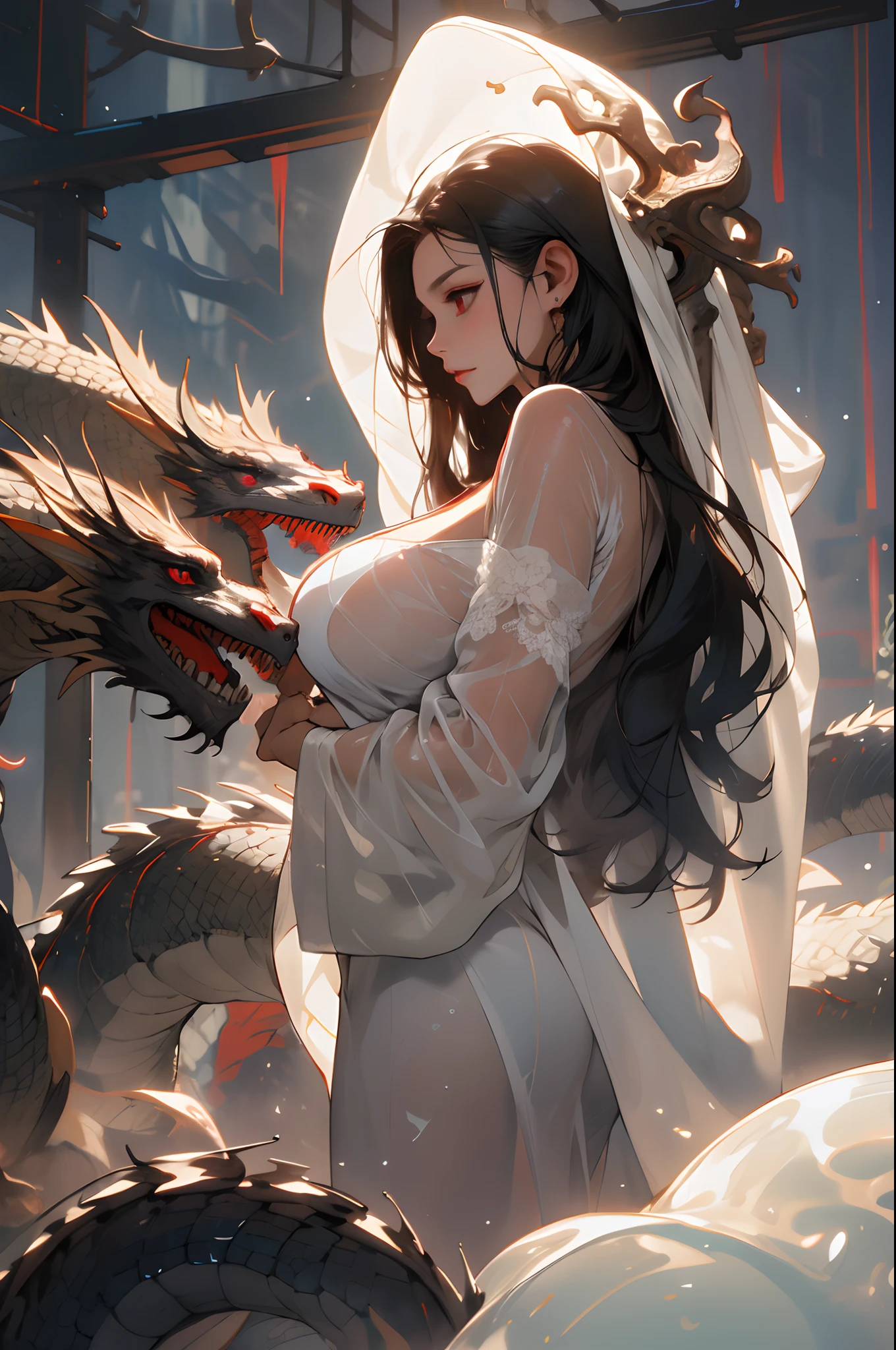 ((NSFW)),(gigantic cleavage breasts:1)),(Masterpiece, Best quality),((High resolution 4K)), 1lady, Solo, (White scales, Squamous bodies), Halo, Wings,Fallen Angel, Black hair, Loose waves, Red eyes, (Dragon, The art of Hermann Nitch, Zdzislaw Beksinski, Dariusz Zawaziki, Giger), Big breasts,Fully naked,White wet clothes,White see-through robes,Wet body, rained,White lingerie