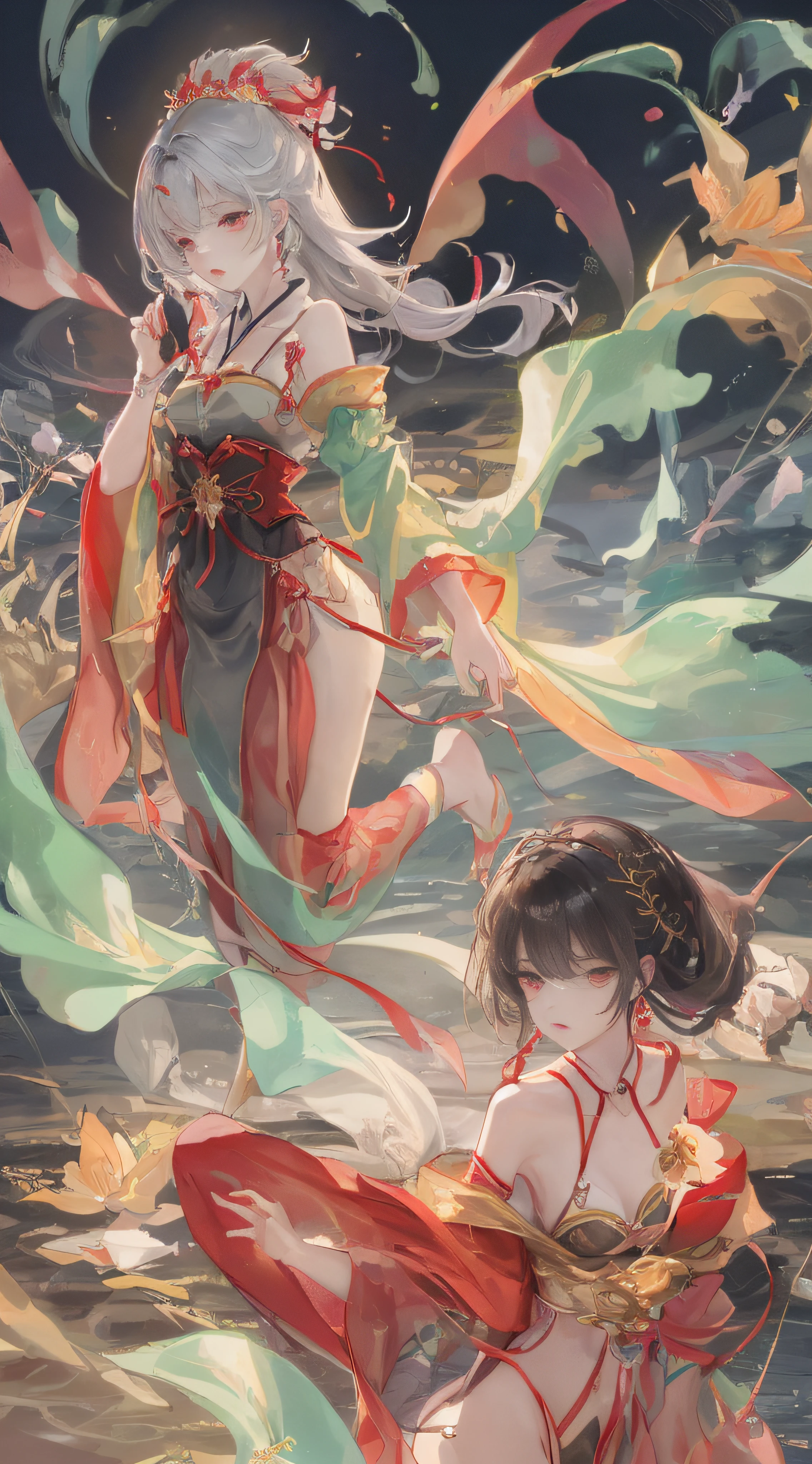 close-up, (beautiful girl), stone garlic, flower, (beautiful girl), bust photo, moist lips, sad eyes, skin, long hair, smooth and delicate skin, red clothes, brilliant and colorful, fantasy art, mysticism, dream scene, dream, dream light, seduction, psychedelic, misty halo, (((night))), river bank, full of flowers, dreamy, flying red tiny petals, red fluorescent petals, fluorescent flowers, fluorescent flowing water, standing in the water, shallow water, Master works, extreme detail, displaning correct, correct limbs, accurate, hud, HD, mechanism detail, 8K, red light