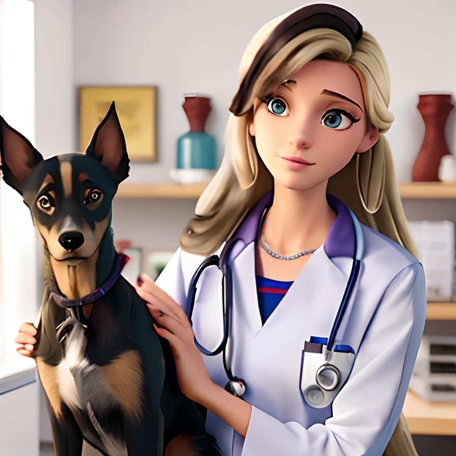 Female doctor holding a dog in a room, animated film, animation film, animation movie still, Medicine, 3 d animated movie, ampliado, Pets, foto de retrato, personagem disney, bonito, Disney fotorrealista, medic, hero, Remasterizado digitalmente, in style of disney animation, Ripley Scott, Fanart, animation movie still, cena de filme animado