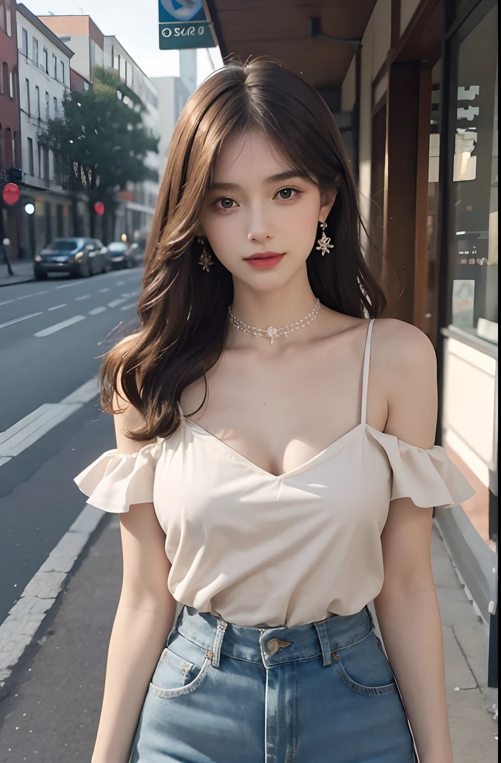 ((jon,the hair)), Stand up, (An extremely delicate and beautiful work), (tmasterpiece), 1girll, Delicate shoulder top,Delicate jeans,beautifullegs, highly detailed, long whitr hair,full bodyesbian, Enchanted smile, beautiful and clear eyes, delicatenecklace, Delicate earrings, Extreme detail description, big breasts beautiful,s delicate face, fine collar bone,lovely lips, Behind the softness, mix4,(8K, RAW photos, best qualtiy, tmasterpiece:1.2), (realisticlying, photograph realistic:1.4), 1girll, adolable, the street,physically-based renderingt, full bodyesbian,school uniform
