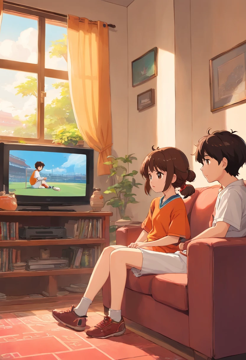 Xiao Ming is the younger brother and Xiao Ming's sister,Both have short brown hair,Watching TV in the living room,Baseball games can be seen on TV,The camera is facing away from me,The backs of two people sitting on the sofa。