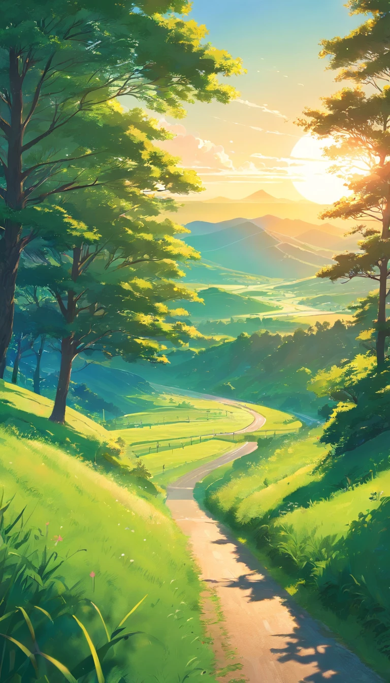 Landscape image, green grass,road, green trees and green hills, sunset vibes with sun in the middle of mountain, 4K