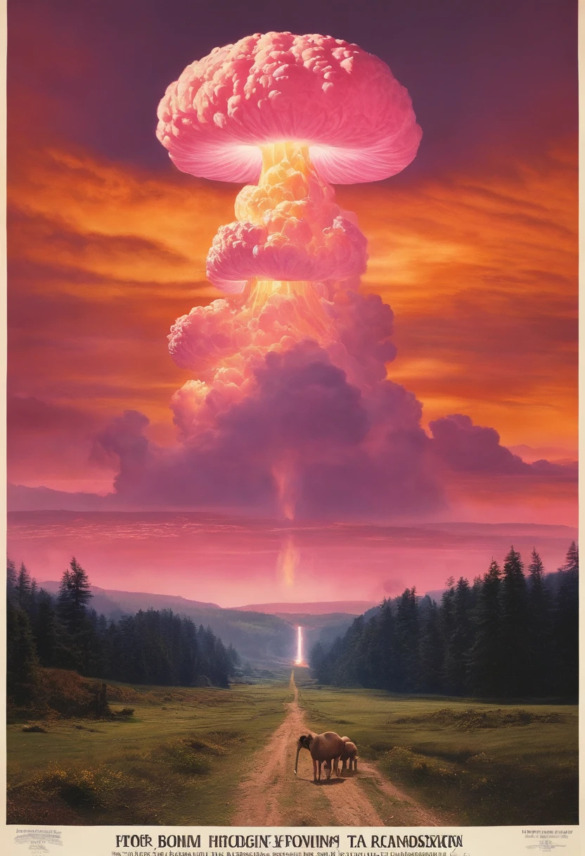 Top image quality,Refer to the existing visuals for the best hydrogen bomb explosion mushroom cloud pictures movie poster feel(Reference to the Tsar Bomba 9 Big Ivan of the former Soviet Union)Hydrogen bomb exploding mushroom cloud picture)Huge visually stunning pink candy-colored mushroom clouds on an empty plain,The visuals should be both shocking and sweet。There is no sense of horror,The whole picture seems to be a realistic fairy tale world。