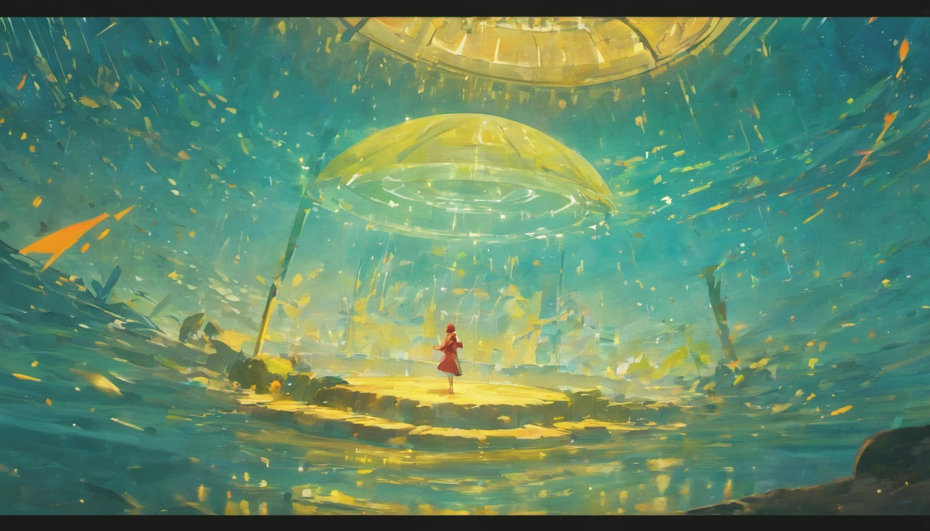 a seat above a clear round tank of water to right of it is a small round red target with a yellow board behind it
