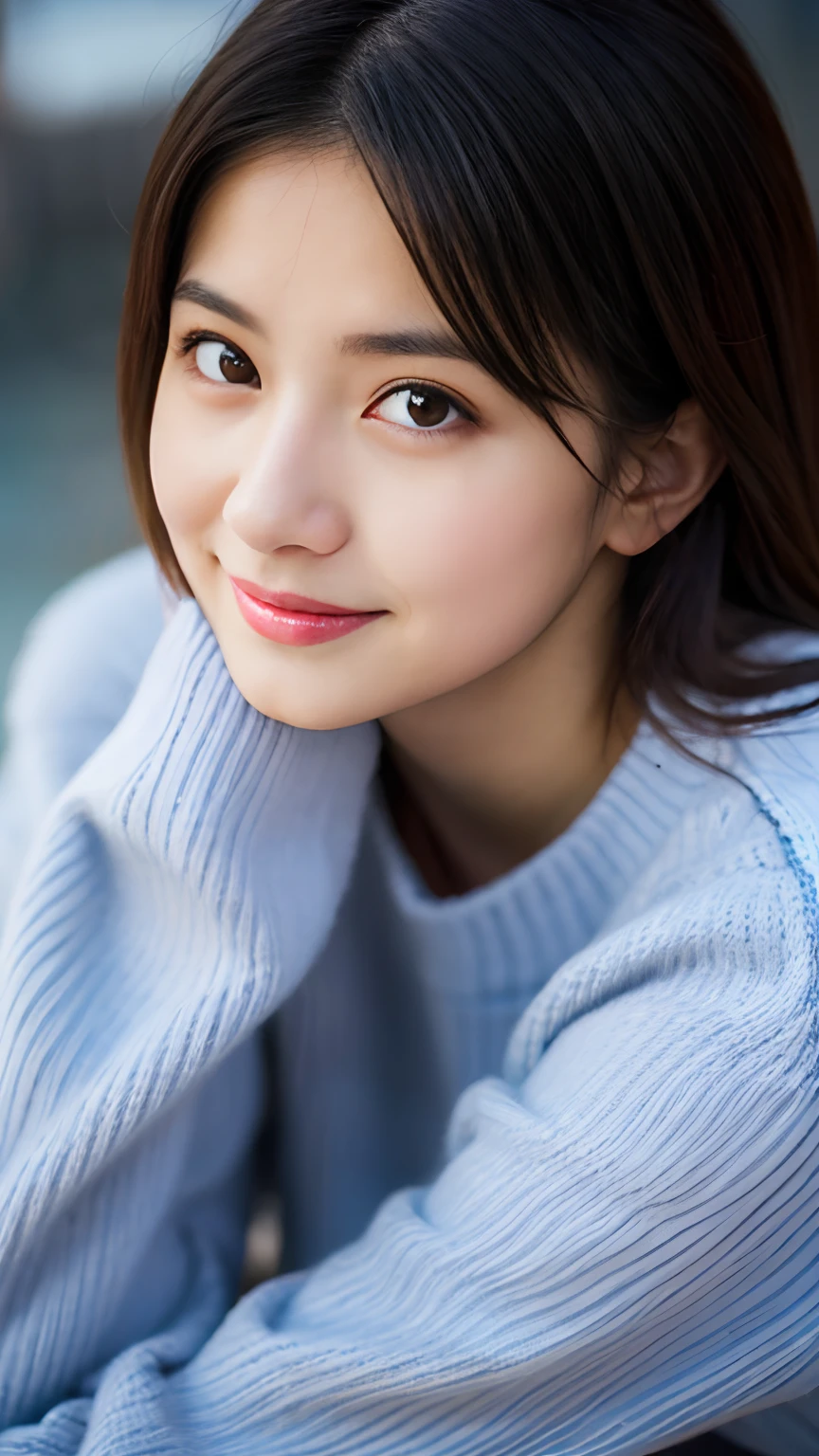 ((best quality, masterpiece, ultra high res, (photorealistic:1.4), RAW photo, extremely detailed)), 

(high angle shot, high position, from above, portrait), 

1girl, 13-years-old, the most Japanese popular idol, wearing very loose sweater, ((leaning forward)), innocent smile, looking up at viewer, 

extremely cute face, absolutely beautiful big black eyes, pretty wet lips, amazingly beautiful small breasts, beautiful black hair, exactly beautiful skins, perfect body, very beautiful thighs, 

detailed face, detailed eyes, detailed lips, detailed breasts, detailed hair, detailed skins, detailed breasts, detailed body, detailed sweater