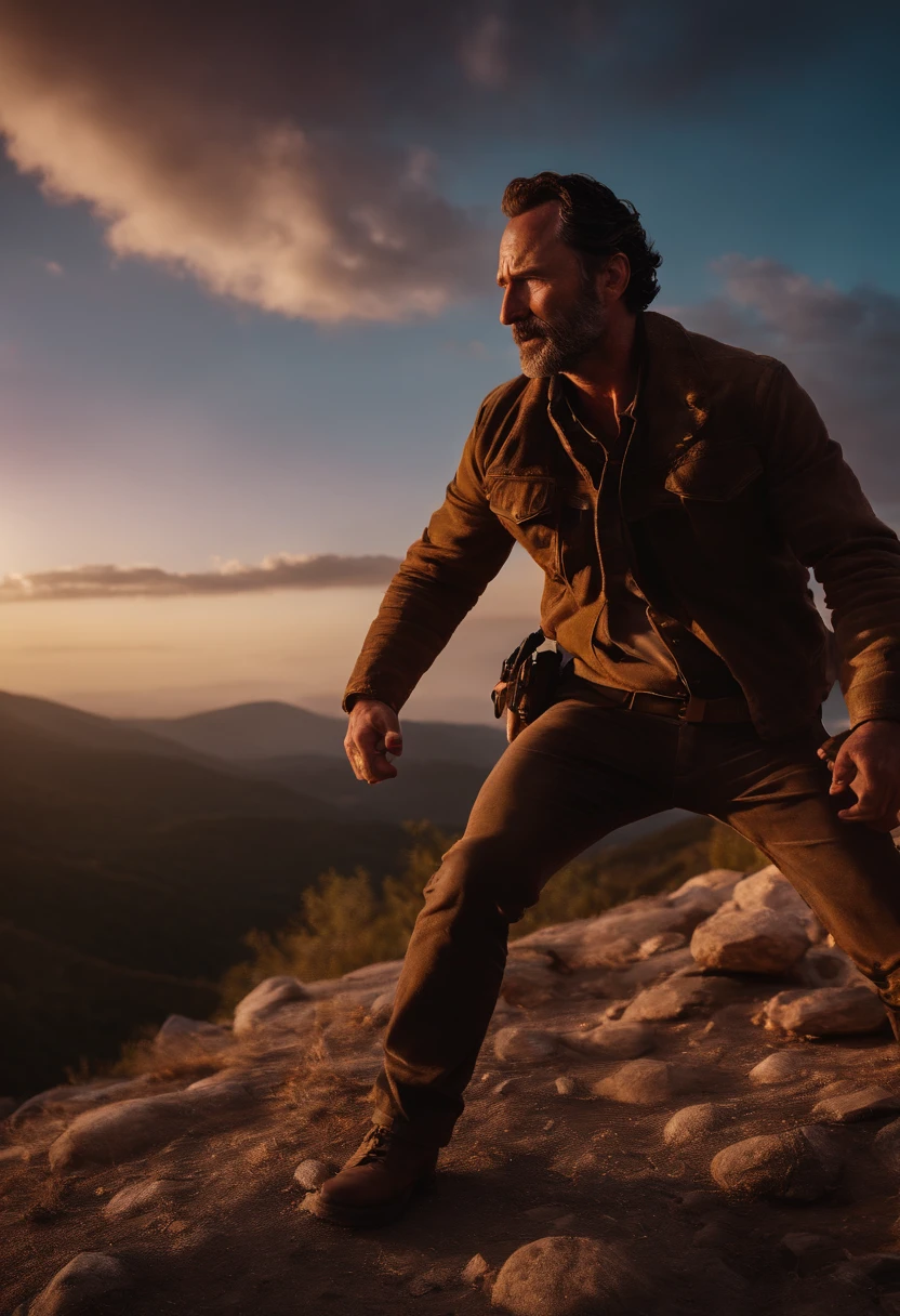 Rick Grimes beating thanos to the ground on a beautiful mountaintop during sunset.