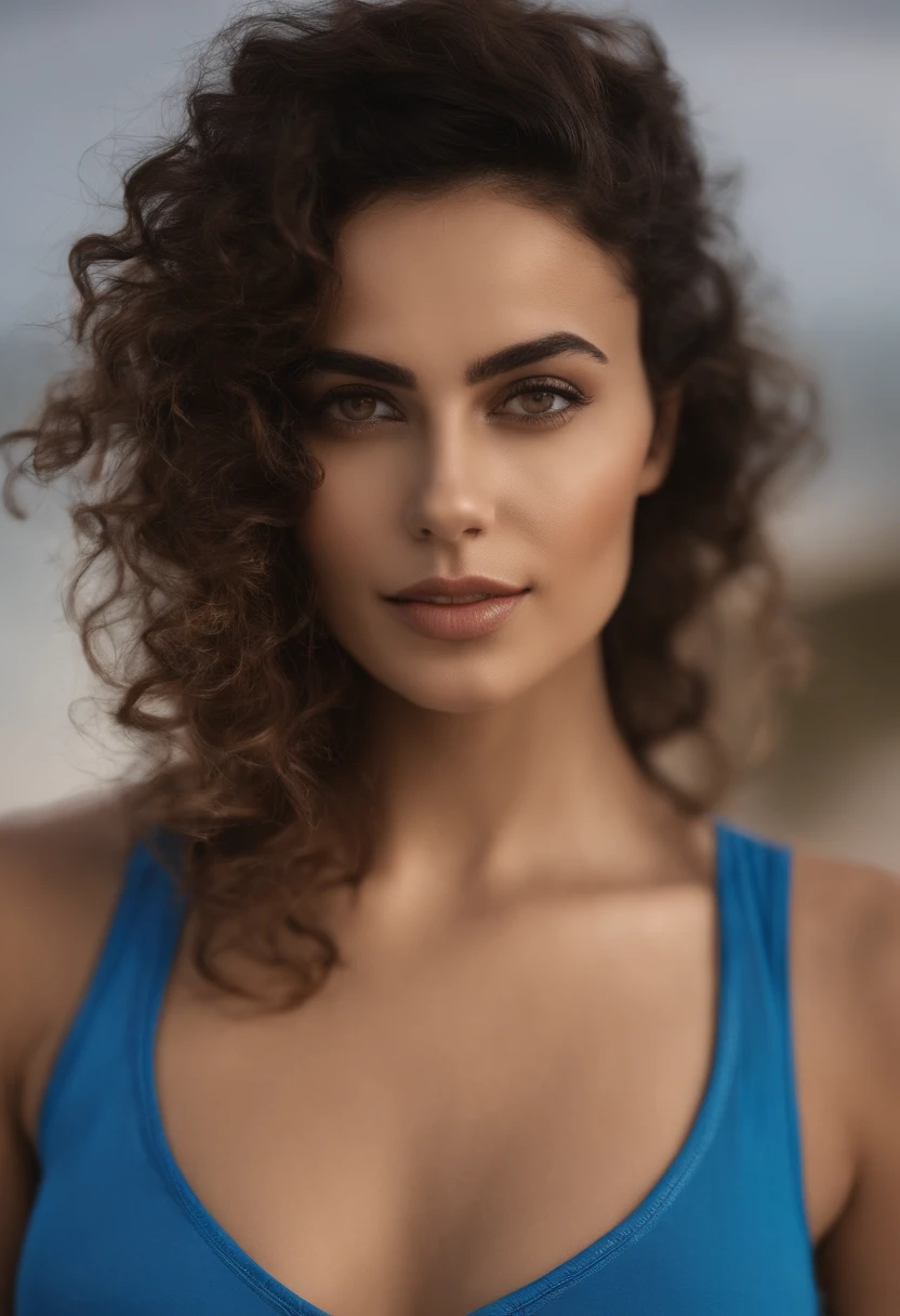 Woman with matching tank top and pants, Uma garota sexy com olhos azuis, A portrait of 
Hande Erçel,  cabelo pretos, maquiagem natural, staring directly at camera, Rosto com Artgram, dezentes Maquiagem, Foto deslumbrante de corpo inteiro, no quarto, Fission