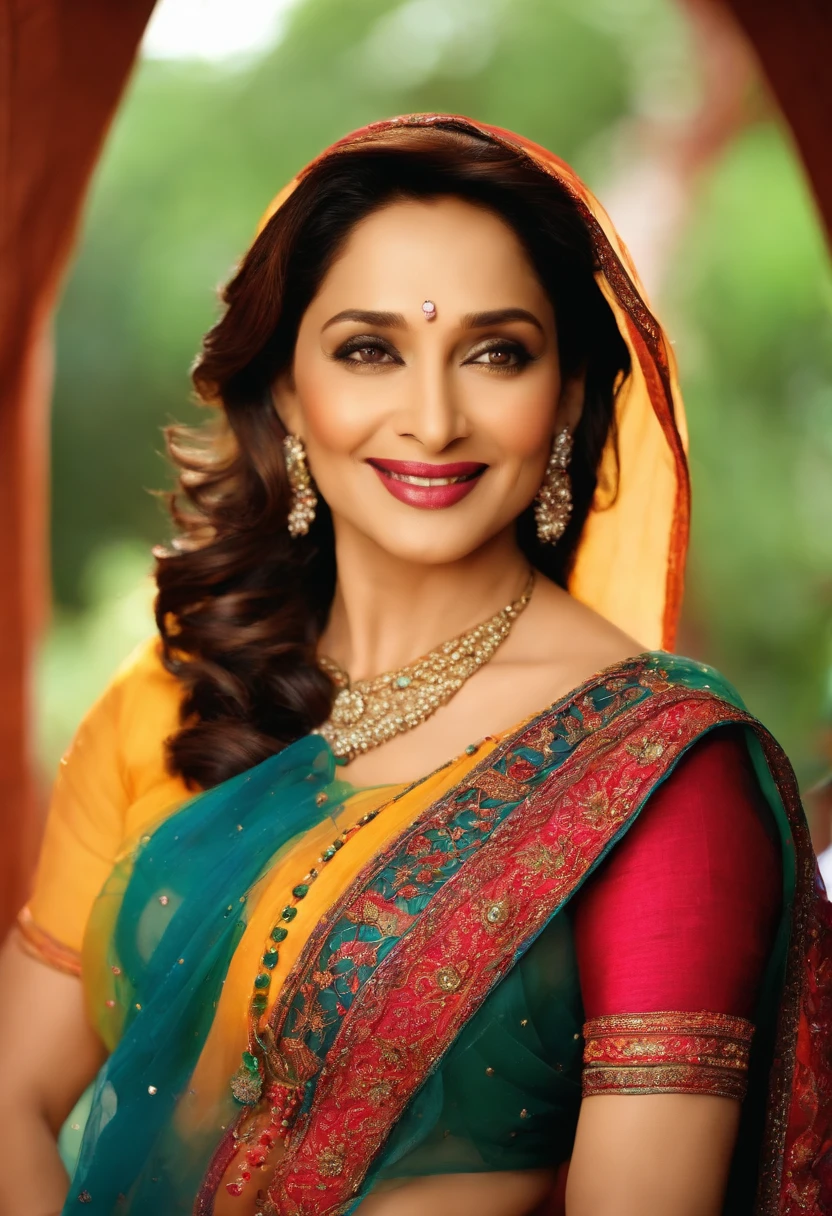 Madhuri Dixit Nene is known for her graceful and captivating appearance. She stands at 5 feet 4 inches tall (163 cm) with a slim physique. Her body measurements are reported as 36 inches (91 cm) for the bust, 27 inches (69 cm) for the waist, and 35 inches (89 cm) for the hips. She has a slim body type with a medium to fair complexion and a warm undertone.
Facially, Madhuri Dixit is distinguished by her classic Indian beauty. She has dark brown eyes that are large and expressive, complemented by well-defined eyebrows that are usually arched. Her nose is medium-sized with a gentle curve, and she is known for her full, smiling lips. Madhuri's hair, naturally dark brown to black, is often styled in soft waves or curls, framing her face elegantly.
Overall, Madhuri Dixit's facial features exude a blend of grace and charm, which have contributed to her status as one of Bollywood's most iconic and beloved actresses.Madhuri Dixit Nene has a heart-shaped face cut. Her facial structure is characterized by a wider forehead that narrows down to a gently pointed chin, which is typical of heart-shaped faces. This face shape enhances her facial features, contributing to her elegant and timeless appearance on screen.Madhuri Dixit is known for maintaining a slim and toned physique throughout her career. Reports indicate her waist measurement is approximately 27 inches (69 cm), which is considered slender and proportionate to her overall body type. Therefore, she is not described as having a chubby waist.Madhuri Dixit Nene was born on May 15, 1967, which makes her currently 57 years old as of 2024.
As for her bra size, it is reported to be 36B.Madhuri Dixit Nene's shoe size is generally reported to be US 8 (EU 38-39).
Madhuri Dixit is known for having long hair throughout much of her career. Her hair is typically dark brown to black and has been styled in various ways, including soft waves, curls, or straightened
Wearing bikni style blouse, transparent saree, indo western, at club