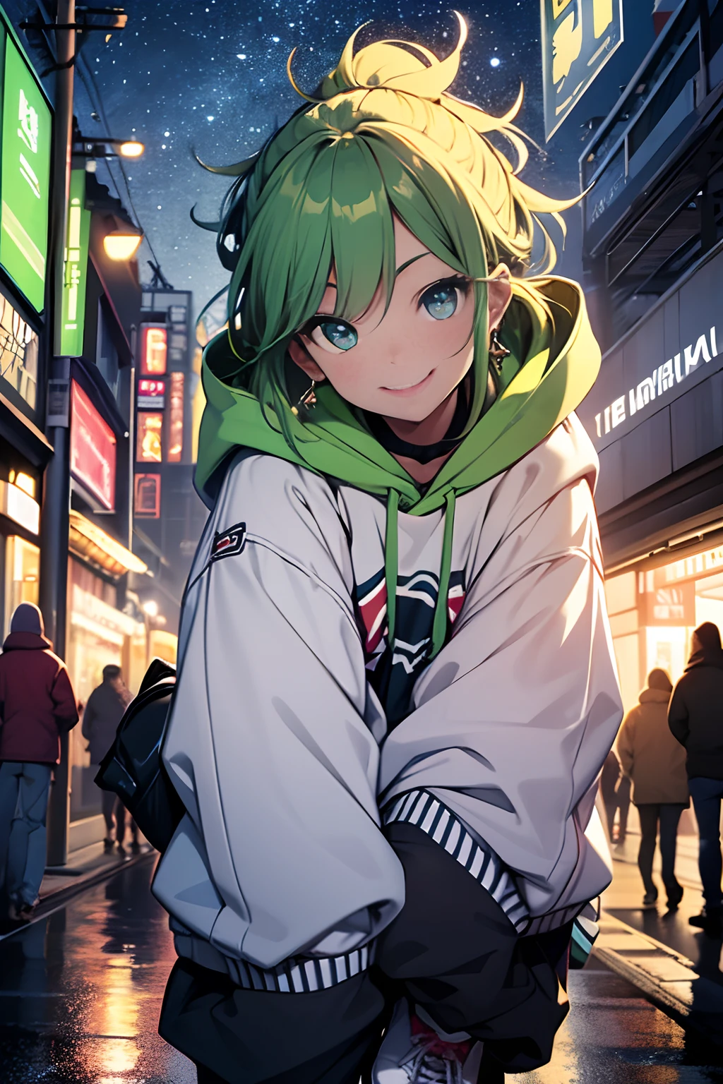 Depiction of the upper body、top-quality、Raw photography、hight resolution、One Lady、greenhair、Blue eyes、 Large hoodies、goldsmith earrings、 shortpants、Large white shoes、Detailed limb depiction.Best Quality、Park at night、a smile、Stand with your hands in your pockets、Depiction looking up from below、Raise one leg and yay!