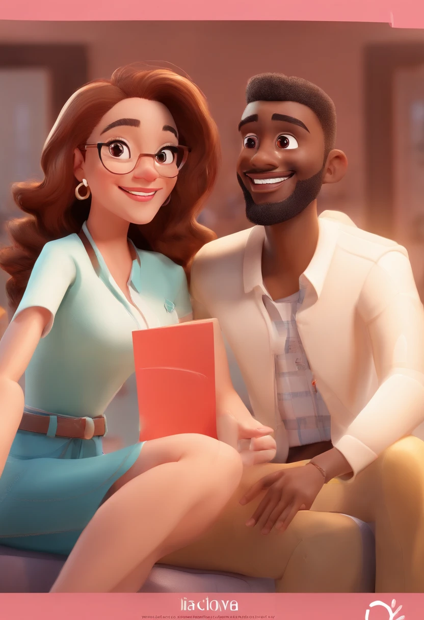 An illustration of an adorable couple, Highlight for a black man and a brunette woman with beautiful black glasses and expressive eyes – the man's skin is light brown and the man's hair is short and black, while the woman's skin is brown, com sardas no rosto e o cabelo da mulher liso e preto. They are a bright room, cada um com um sorriso no rosto, e compartilhar um momento especial caracterizado pelo amor, Insights. Illustrate this scene from a perspective where they are facing the camera, Smiling and Showing Your Connection. Desenvolva esta arte em Full HD, Focus on your cinematic touch, Estilo Disney Pixar Animations