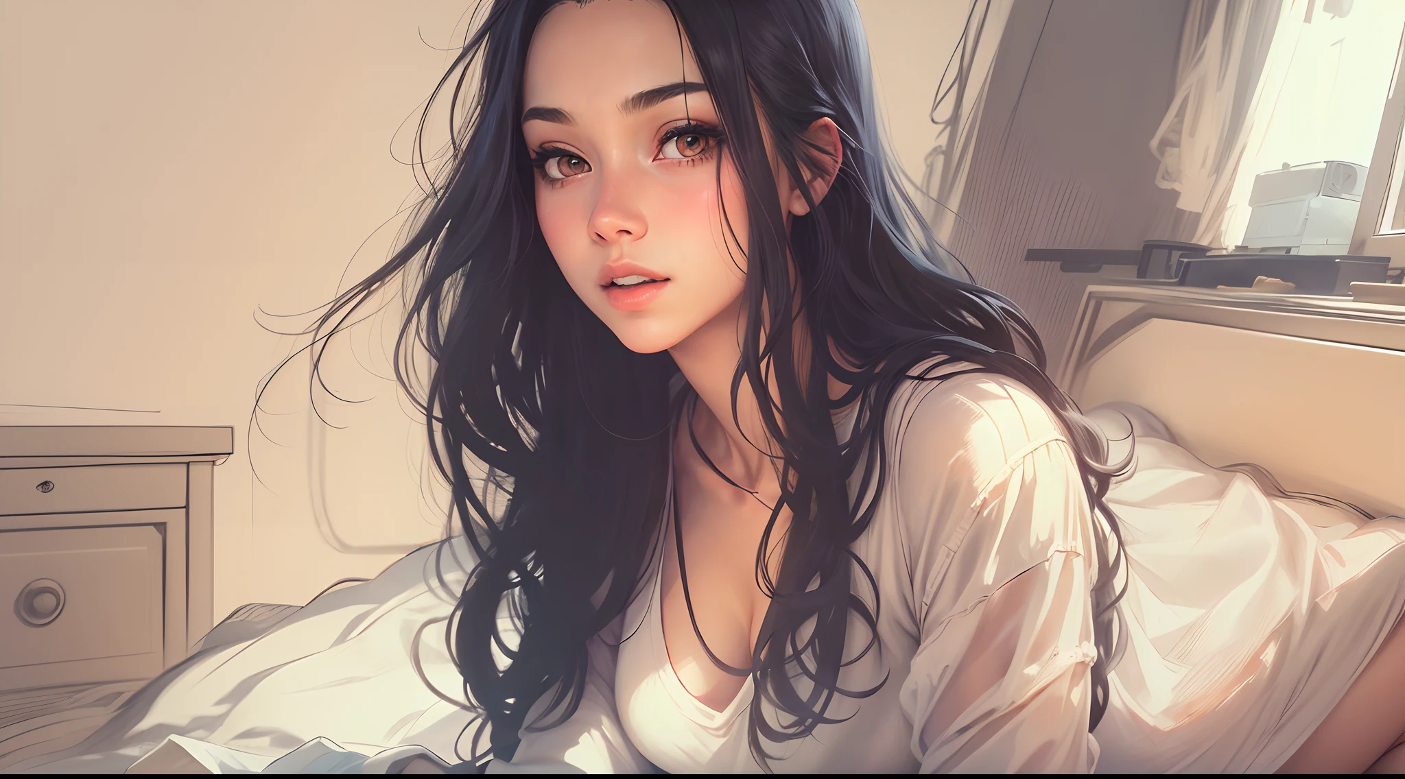 Sketch a girl with long black hair with a cropped top, no bra or shirt. semi in a Room with LED light sitting on her bed