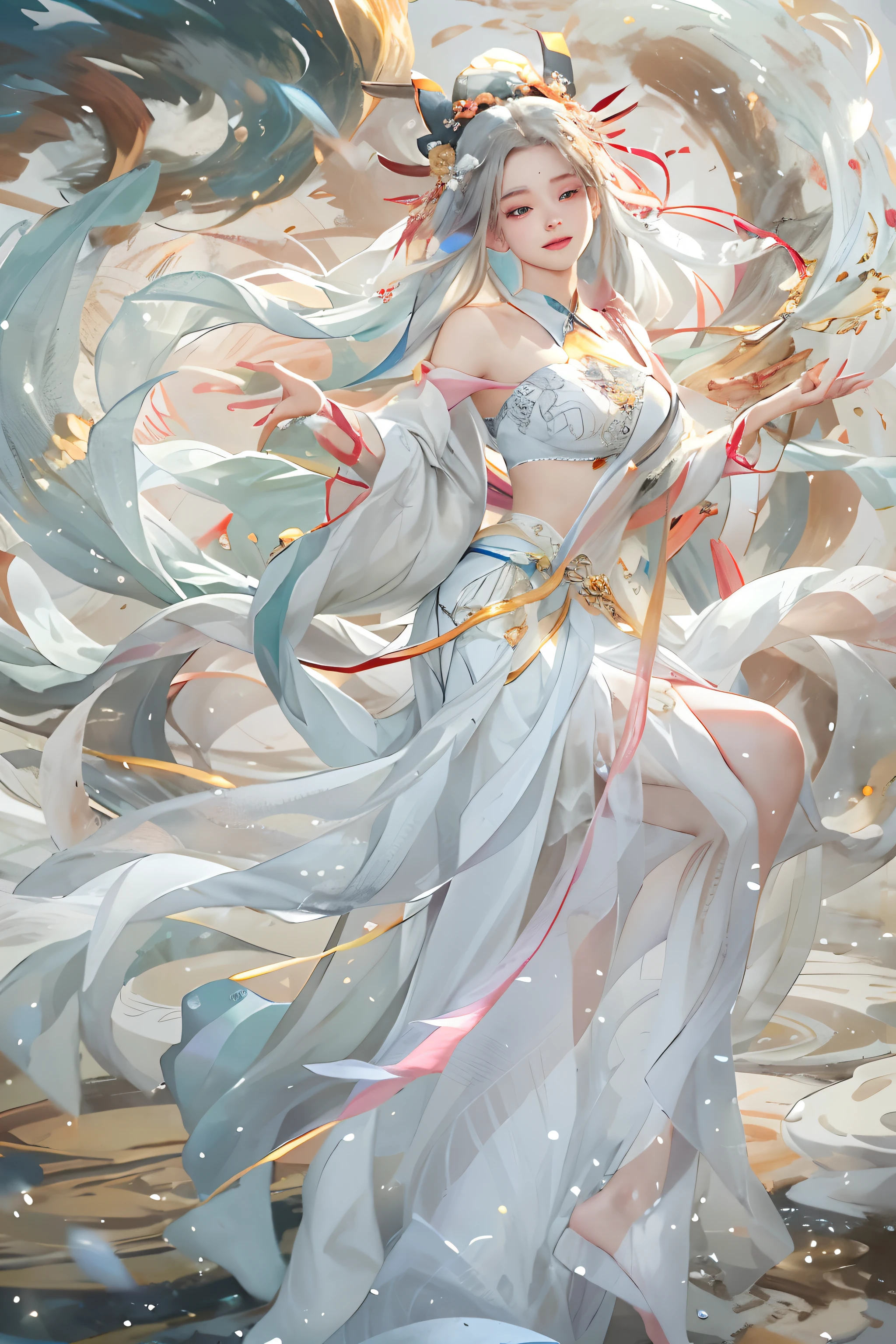 (tmasterpiece,top-quality,optimum,offcial art,Beautiful and aesthetic,Long exposure:1.2),Smooth movement,Charming Patterns, 1 rapariga,(Long Skirt with Sleeves:1.3),(((white clothes))),full body closeup,No Shoulders,Chinese girl,Blushlush,White Rob hair, sportrait,独奏,The whole body of the body,gaze at the observer,detailedbackground,Detailed face,(crystallineAI, Crystalline Theme:1.1),Amaterasu、elemental wind elves,Swirling wind,control the wind,White crystal clothes,dynamicposes,particles floating,Ethereal Power,Round and round,steams,whirlwind in the background,White tones,Round and round,Ethereal Atmosphere,White stockings、voluptuous breasts、a smile、Innocent、Ripples under your feet