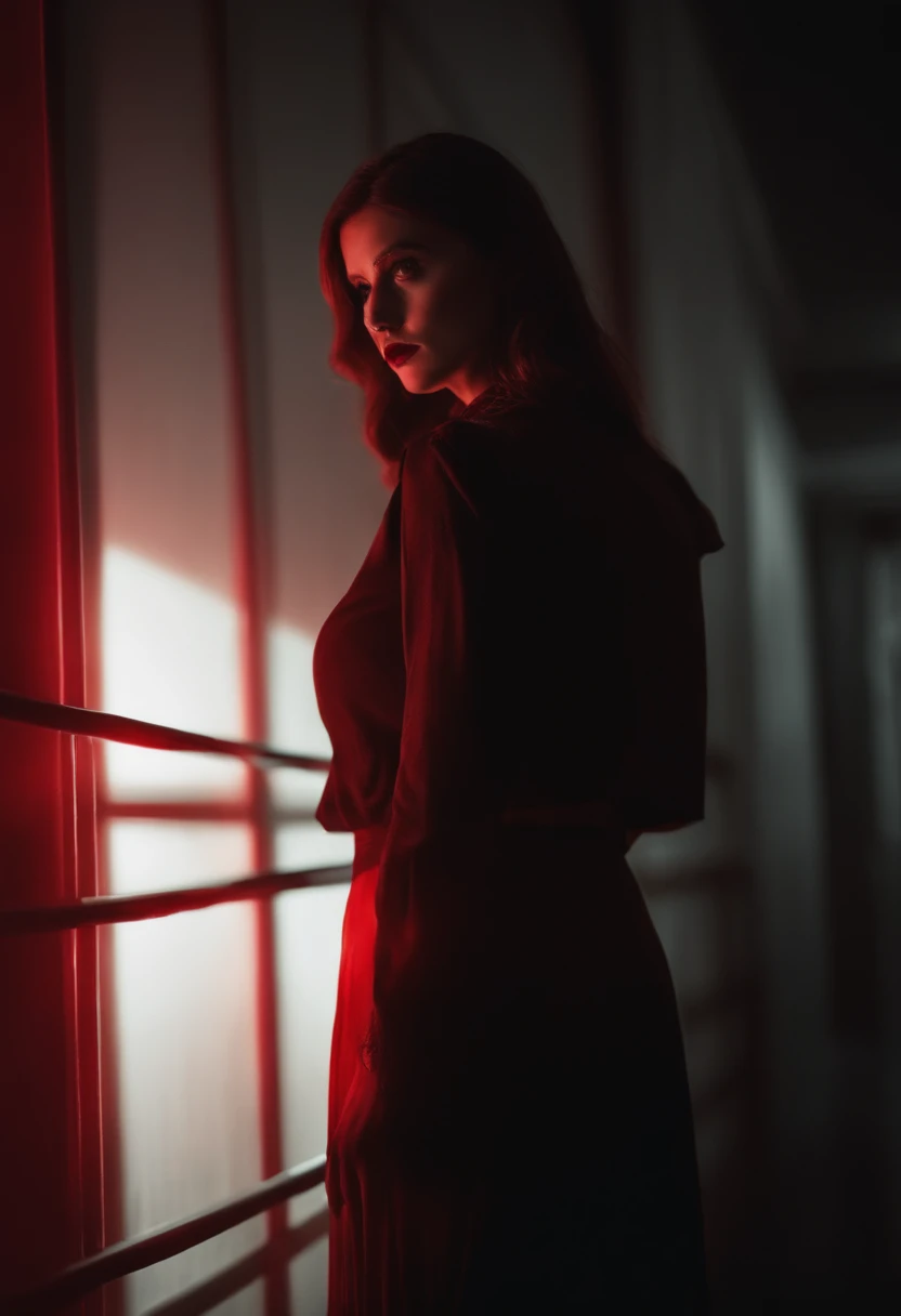 There was a woman standing in a dark school hallway，red lights,Horror face facing the camera, atmospheric red lighting, red and cinematic lighting, cinematic Red lighting, [ horror game ], author：Shitao, Scary cinematic lighting, Atmospheric red effect, atmospheric artwork, Sinister demonic aura, Lovecraft horror, detailed 4k horror artwork, Dark odor :: sport