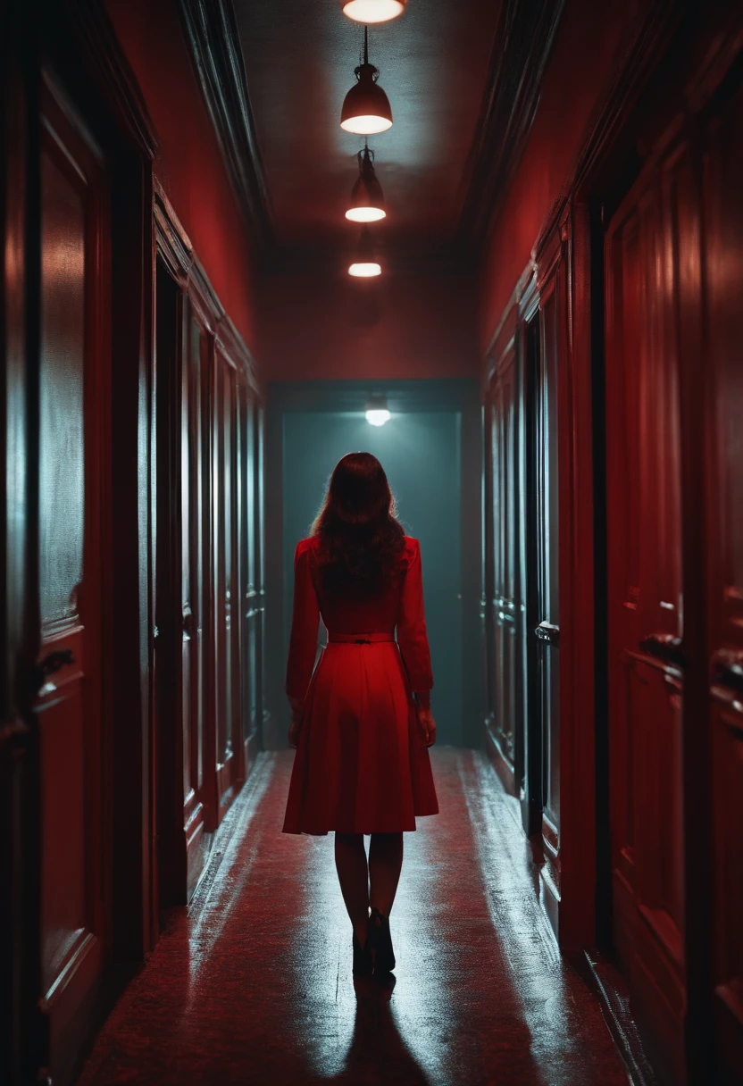 There was a woman standing in a dark school hallway，red lights,Horror face facing the camera, atmospheric red lighting, red and cinematic lighting, cinematic Red lighting, [ horror game ], author：Shitao, Scary cinematic lighting, Atmospheric red effect, atmospheric artwork, Sinister demonic aura, Lovecraft horror, detailed 4k horror artwork, Dark odor :: sport