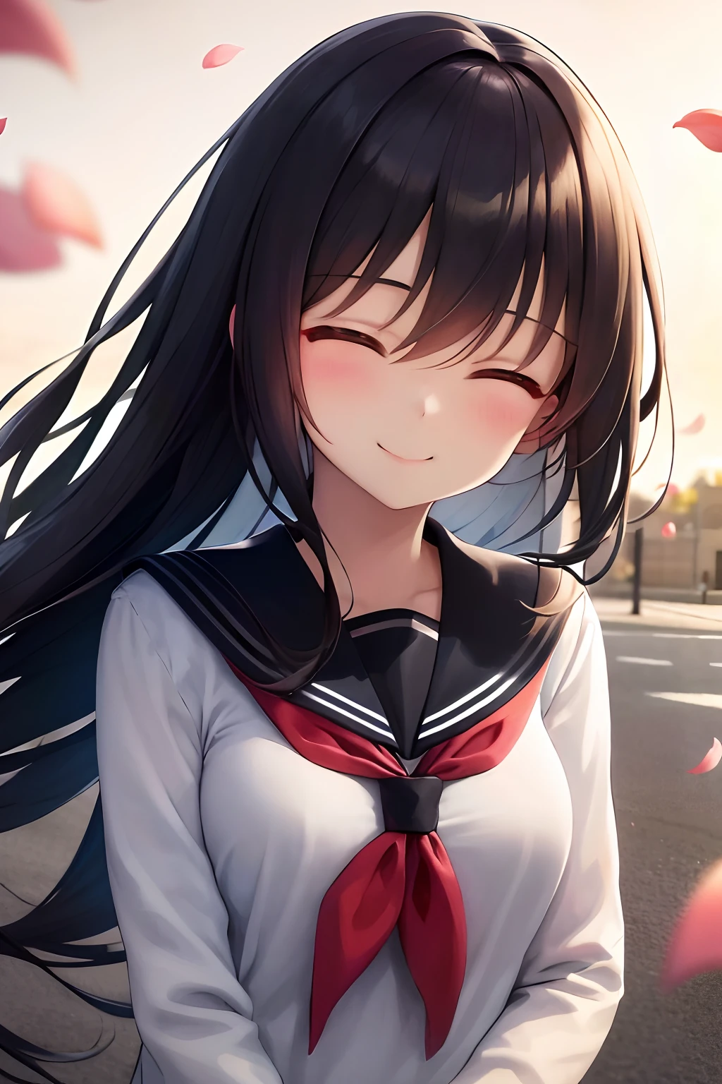 Masterpiece, Best Quality, hight resolution, 1girl smiling closed eyes, extra very long hair, The Wind Is Blowing, peeking out of the upper body on the street, serafuku, Backlighting, petals, Flowers, leaves