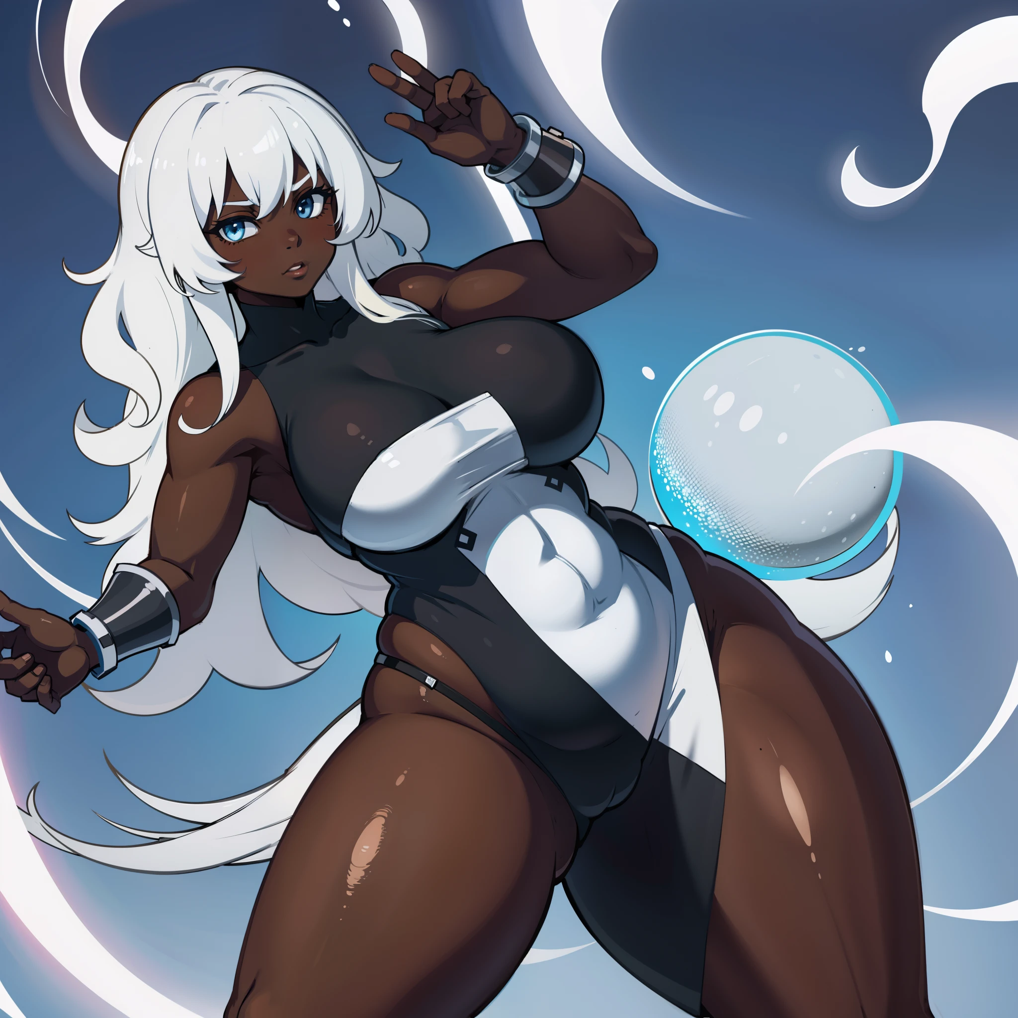dark skin girl, chubby, silver armor, curly long hair, thicc body, warrior