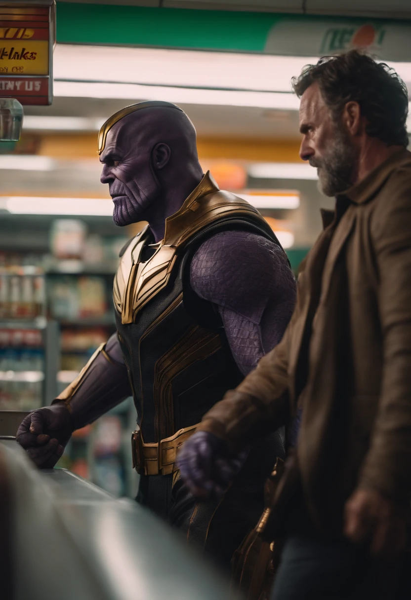 Thanos and Rick Grimes fighting in a 7/11 Gas Station