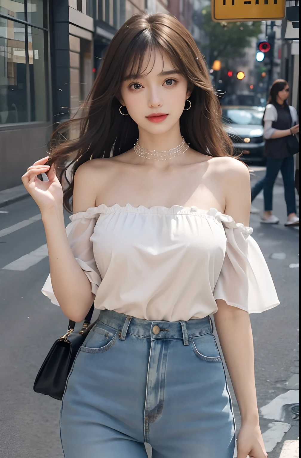 （（jon，the hair））， Stand up， （An extremely delicate and beautiful work）， （tmasterpiece）， 1girll， Delicate shoulder top，Delicate jeans，beautifullegs， highly  detailed， long whitr hair，full bodyesbian， Enchanted smile， beautiful and clear eyes， delicatenecklace， Delicate earrings， Extreme detail description， big breasts beautiful，s delicate face， fine collar bone，lovely lips， Behind the softness， mix4，（8K， RAW photos， best qualtiy， tmasterpiece：1.2）， （realisticlying， photograph realistic：1.4）， 1girll， adolable， the street，physically-based renderingt， full bodyesbian，school uniform